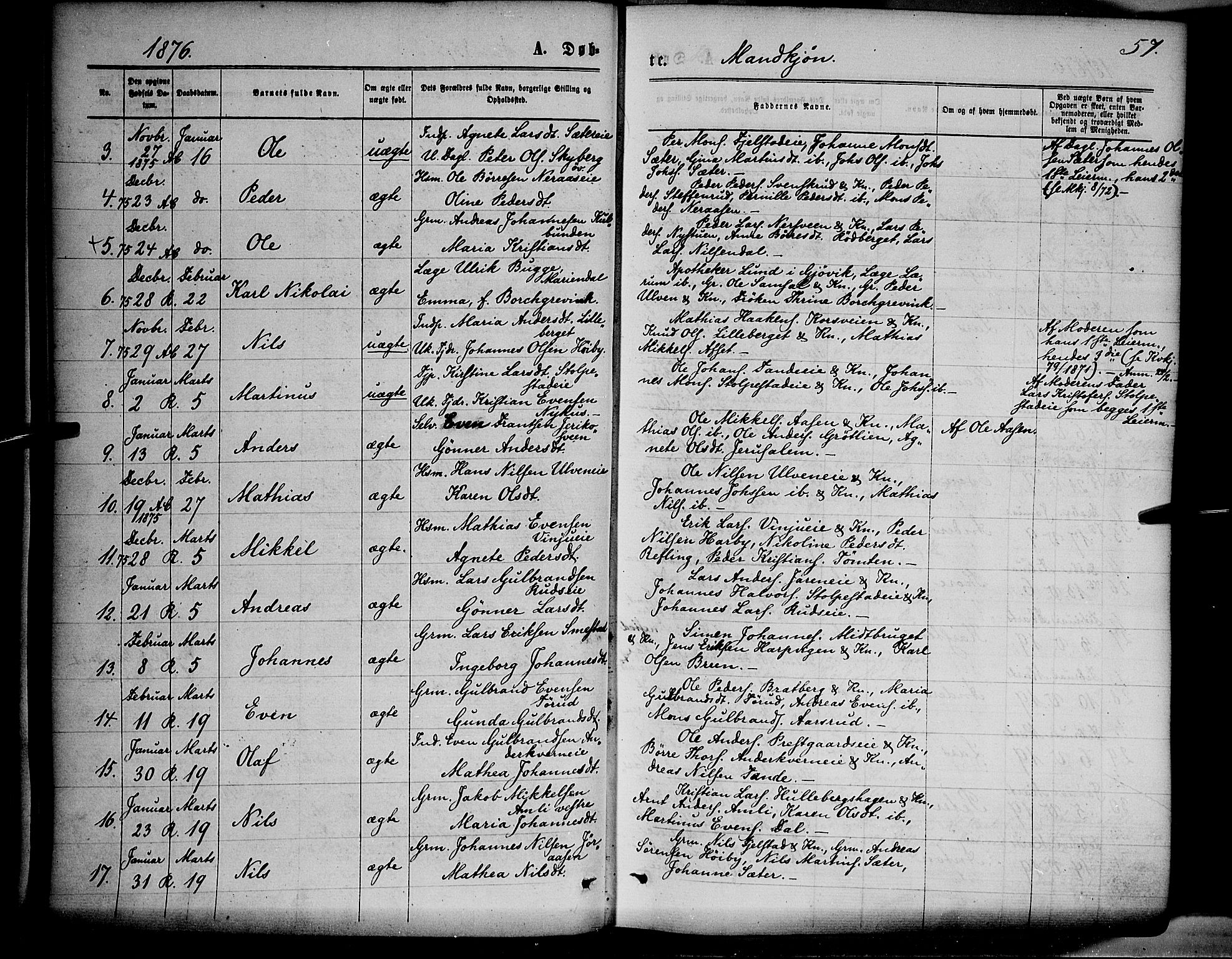 Ringsaker prestekontor, AV/SAH-PREST-014/K/Ka/L0011: Parish register (official) no. 11, 1870-1878, p. 57