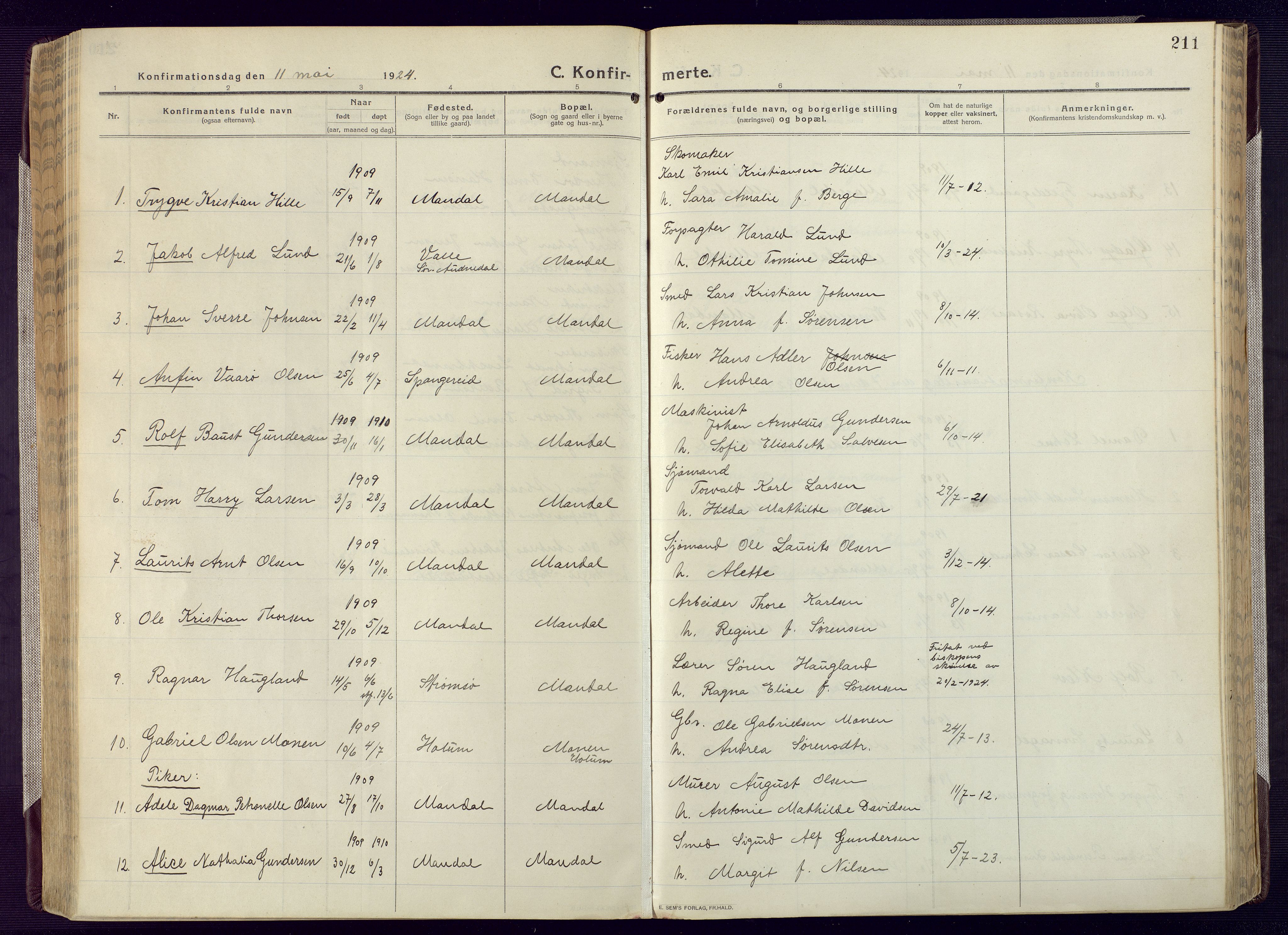 Mandal sokneprestkontor, SAK/1111-0030/F/Fa/Fac/L0001: Parish register (official) no. A 1, 1913-1925, p. 211