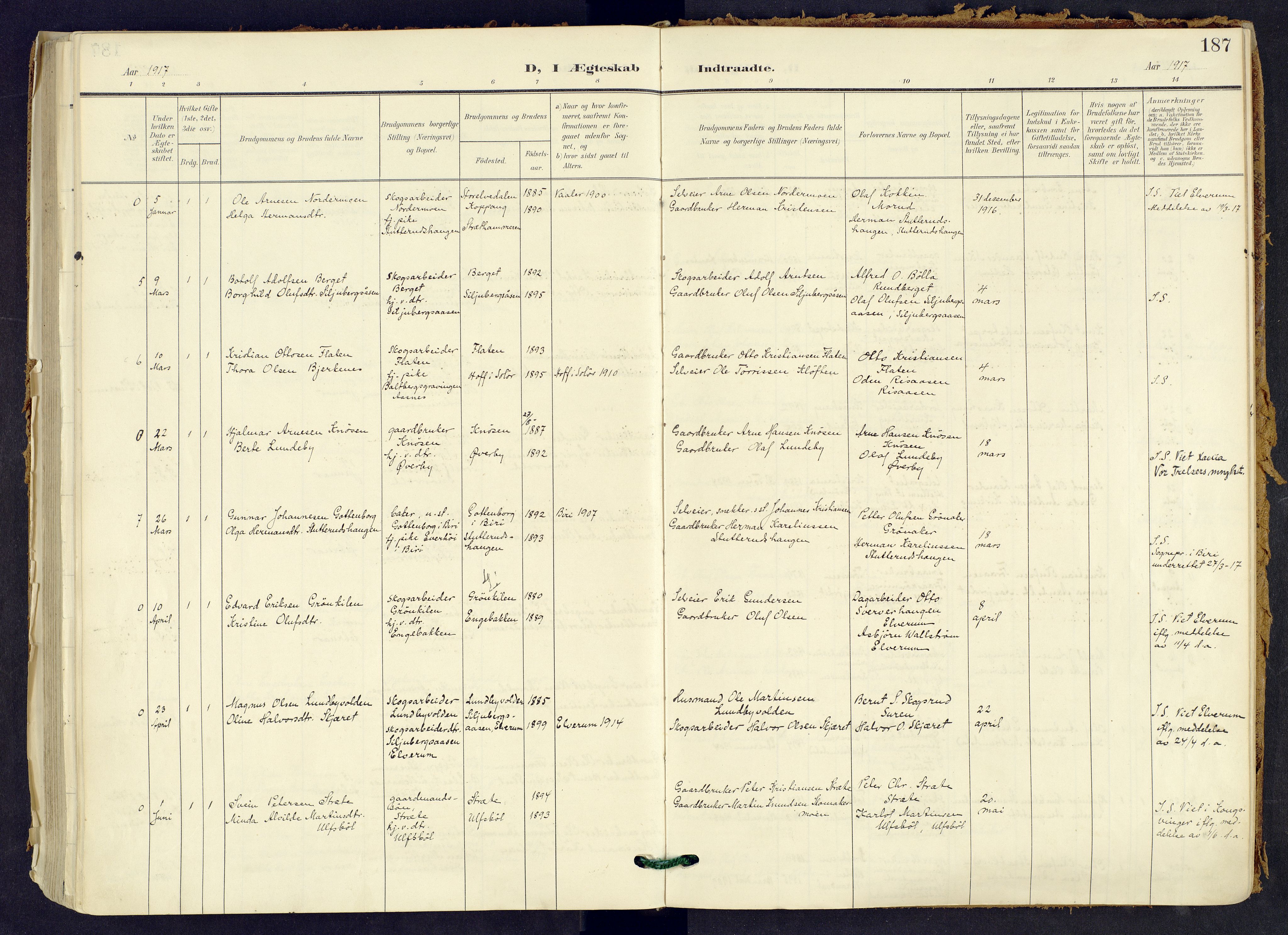 Våler prestekontor, Hedmark, AV/SAH-PREST-040/H/Ha/Haa/L0008: Parish register (official) no. 8, 1905-1921, p. 187