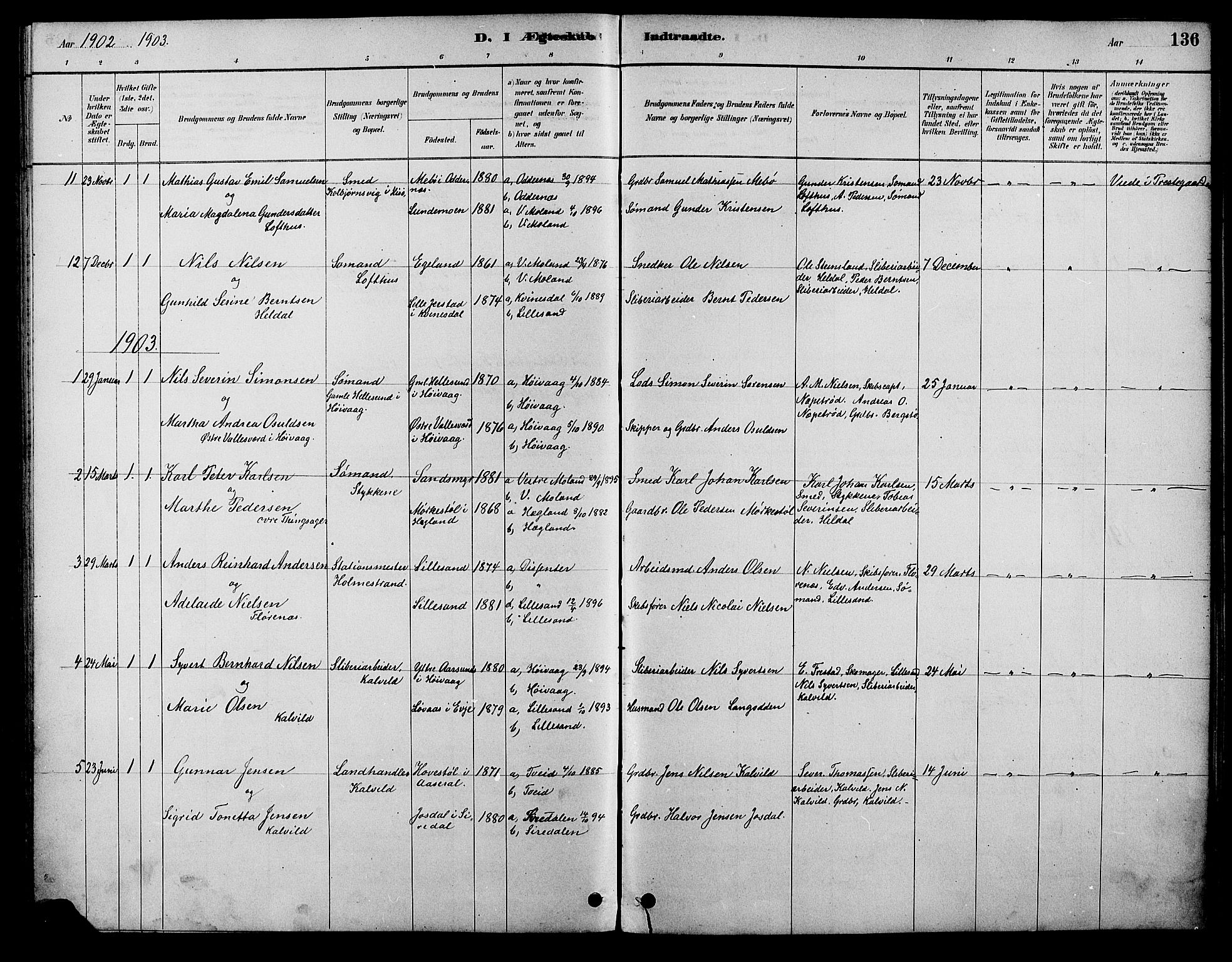 Vestre Moland sokneprestkontor, AV/SAK-1111-0046/F/Fb/Fbb/L0006: Parish register (copy) no. B 6, 1884-1905, p. 136