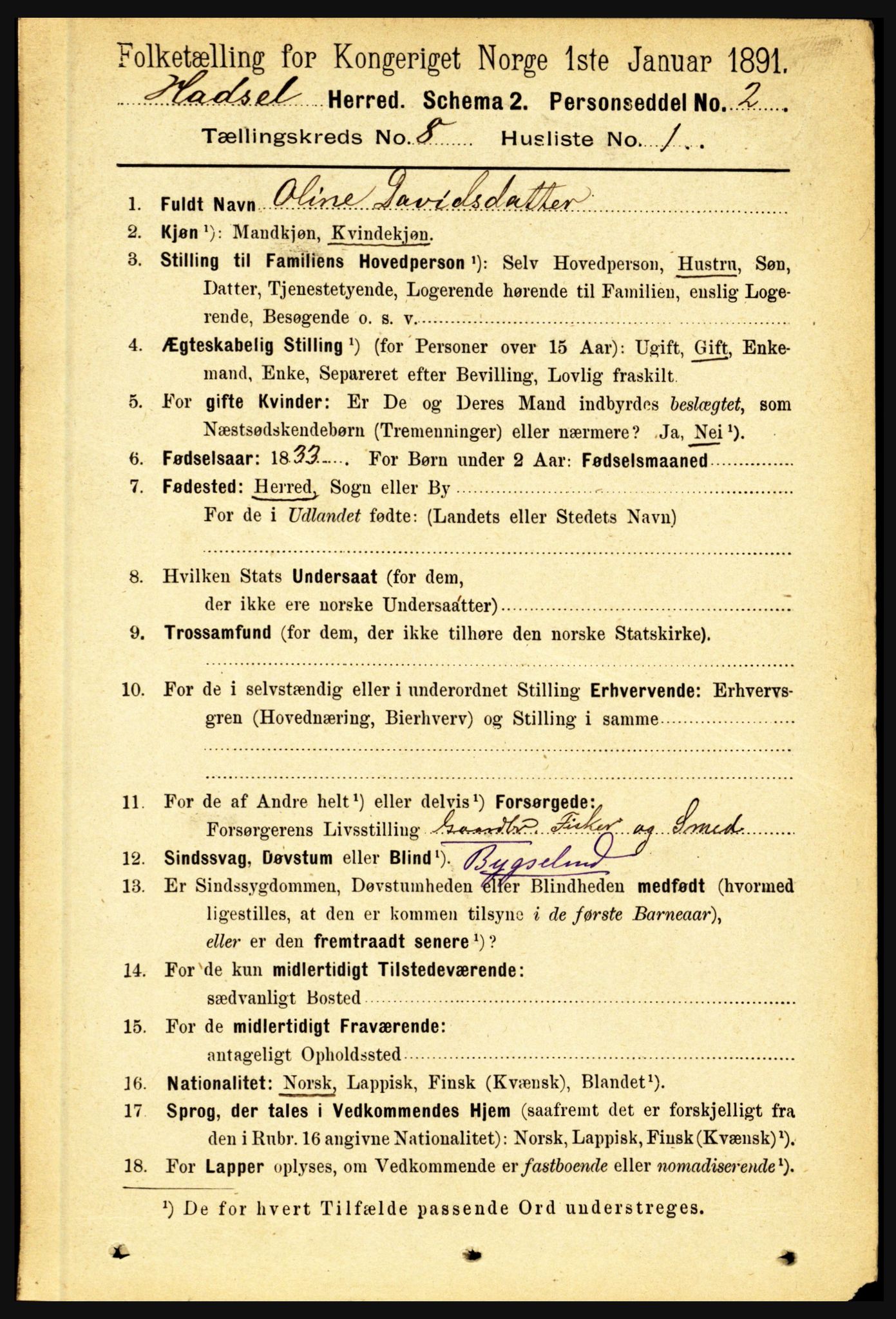 RA, 1891 census for 1866 Hadsel, 1891, p. 3578