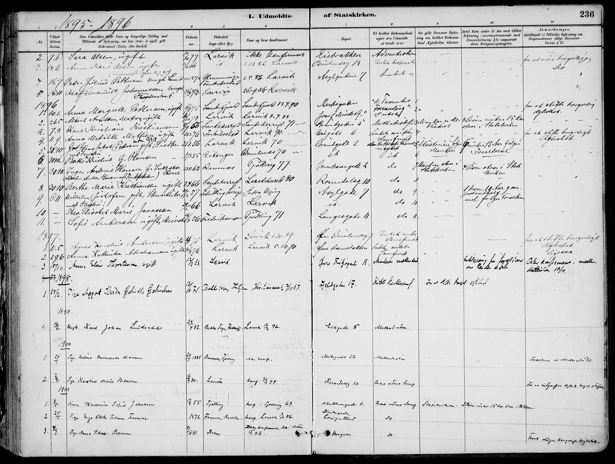 Larvik kirkebøker, AV/SAKO-A-352/F/Fb/L0004: Parish register (official) no. II 4, 1884-1902, p. 236