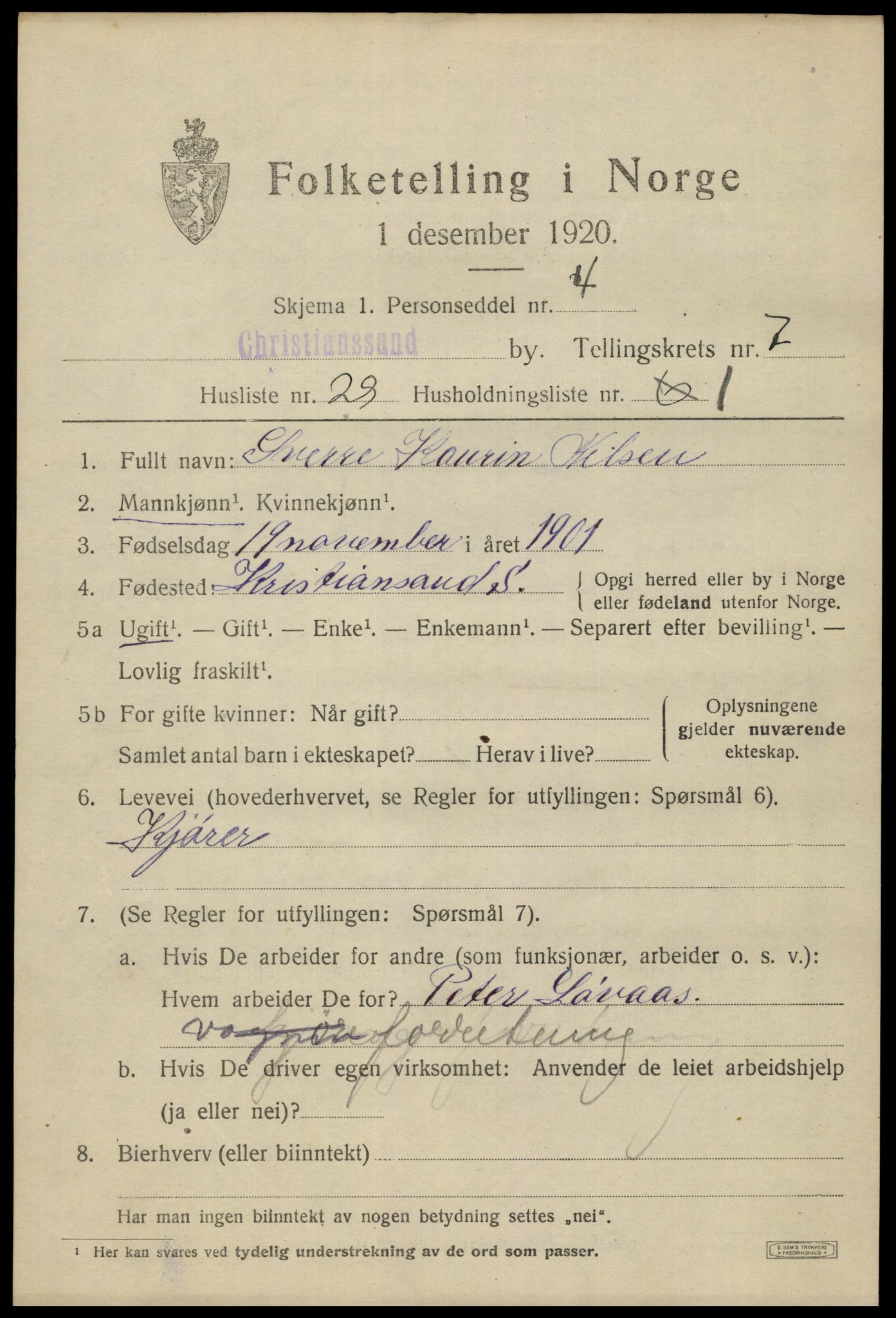 SAK, 1920 census for Kristiansand, 1920, p. 20547