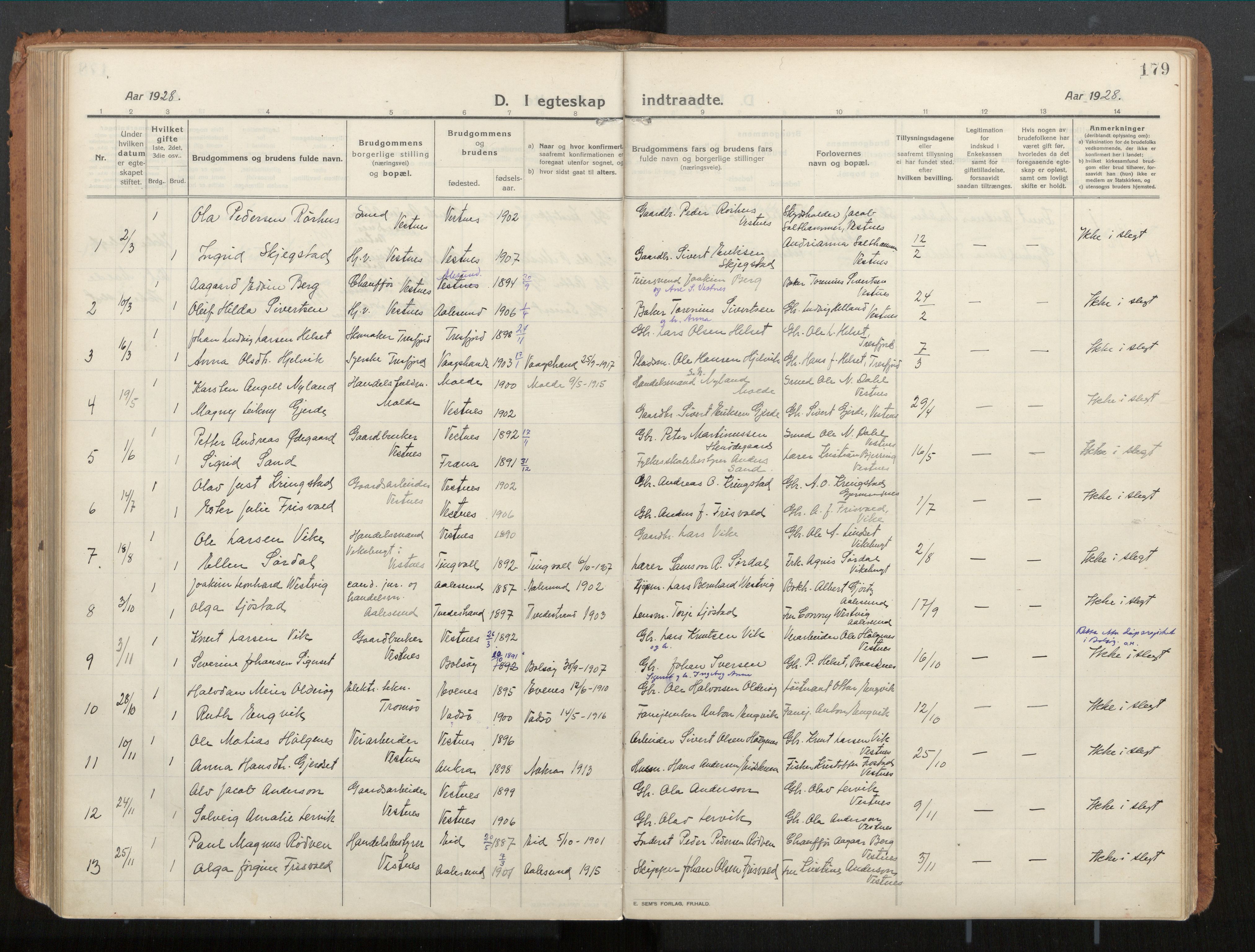 Ministerialprotokoller, klokkerbøker og fødselsregistre - Møre og Romsdal, SAT/A-1454/539/L0534a: Parish register (official) no. 539A08, 1912-1935, p. 179