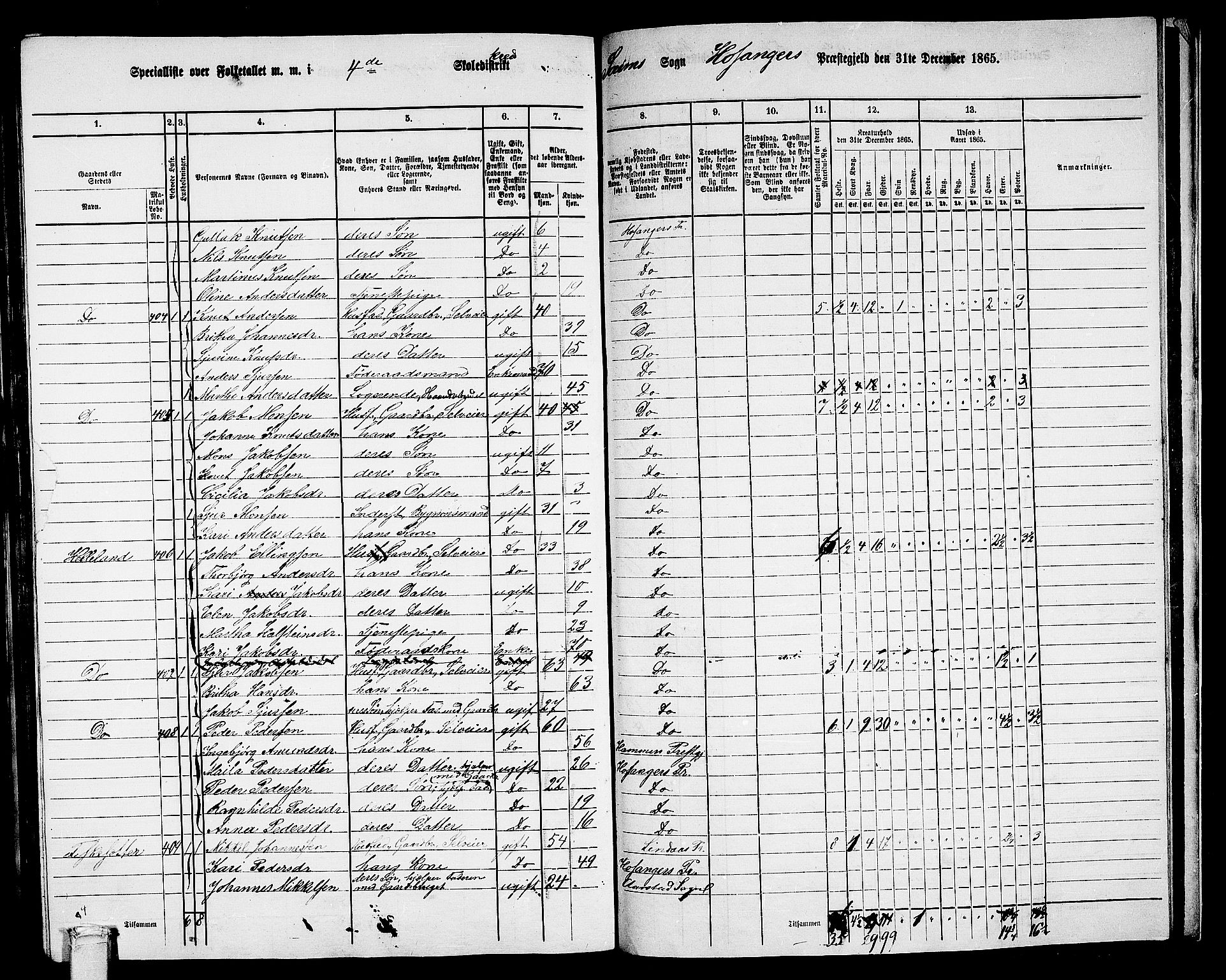 RA, 1865 census for Hosanger, 1865, p. 168