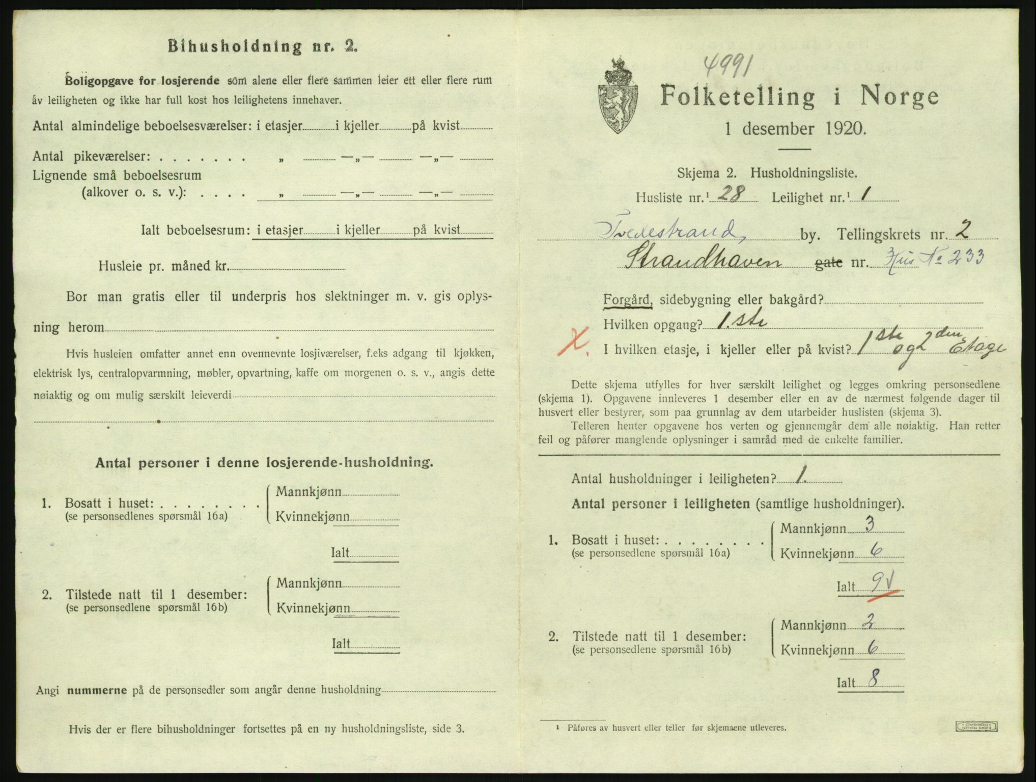 SAK, 1920 census for Tvedestrand, 1920, p. 1013