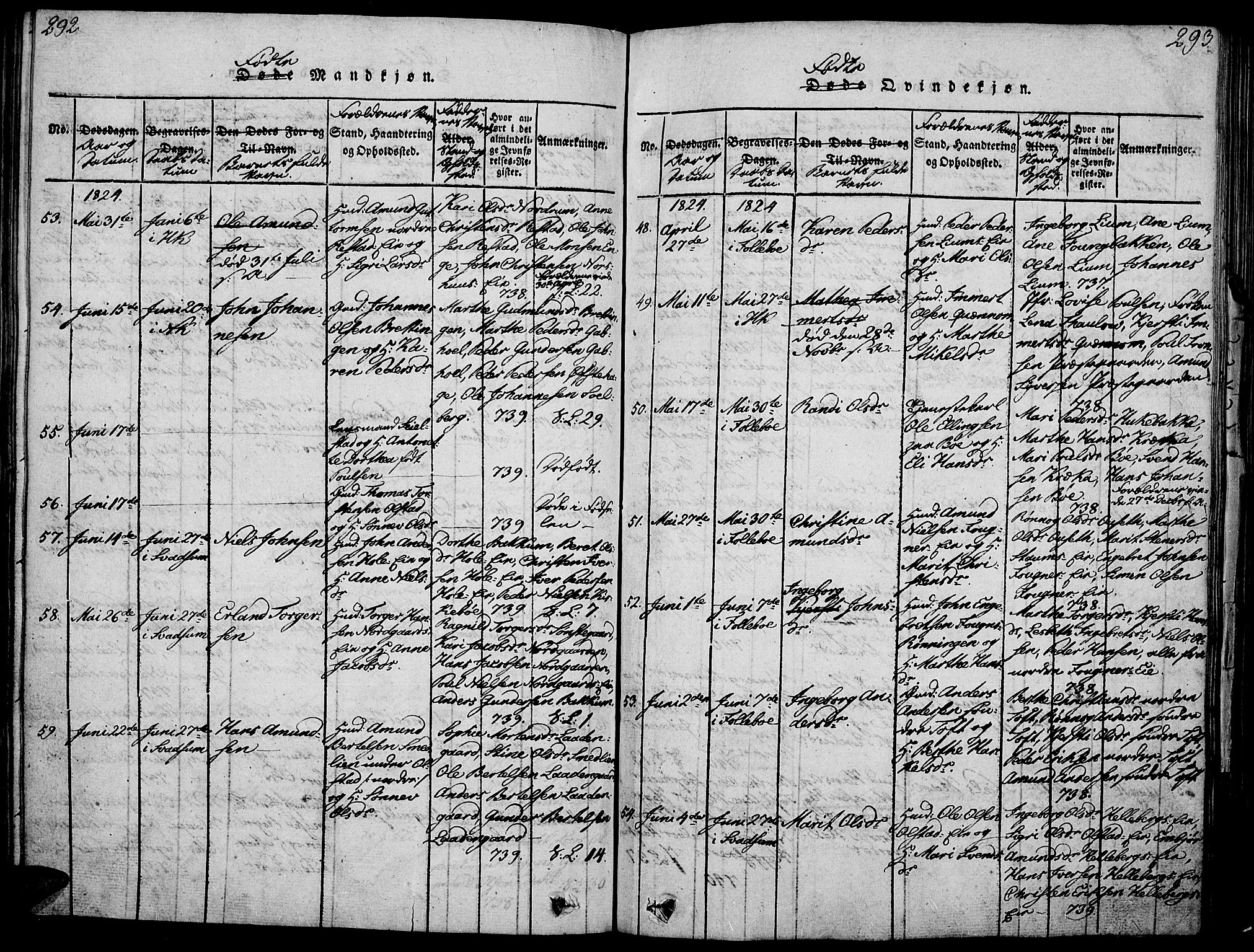 Gausdal prestekontor, AV/SAH-PREST-090/H/Ha/Haa/L0005: Parish register (official) no. 5, 1817-1829, p. 292-293