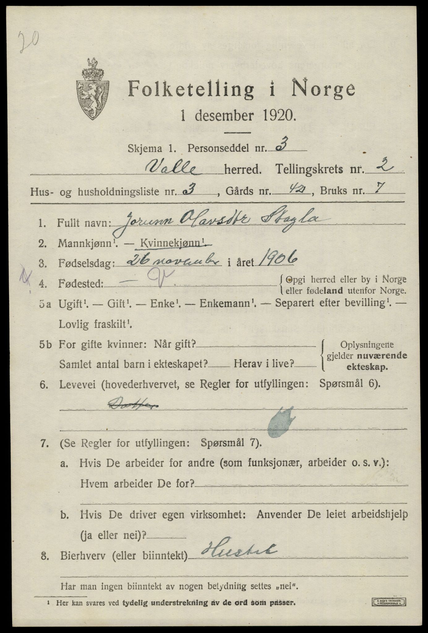 SAK, 1920 census for Valle, 1920, p. 979