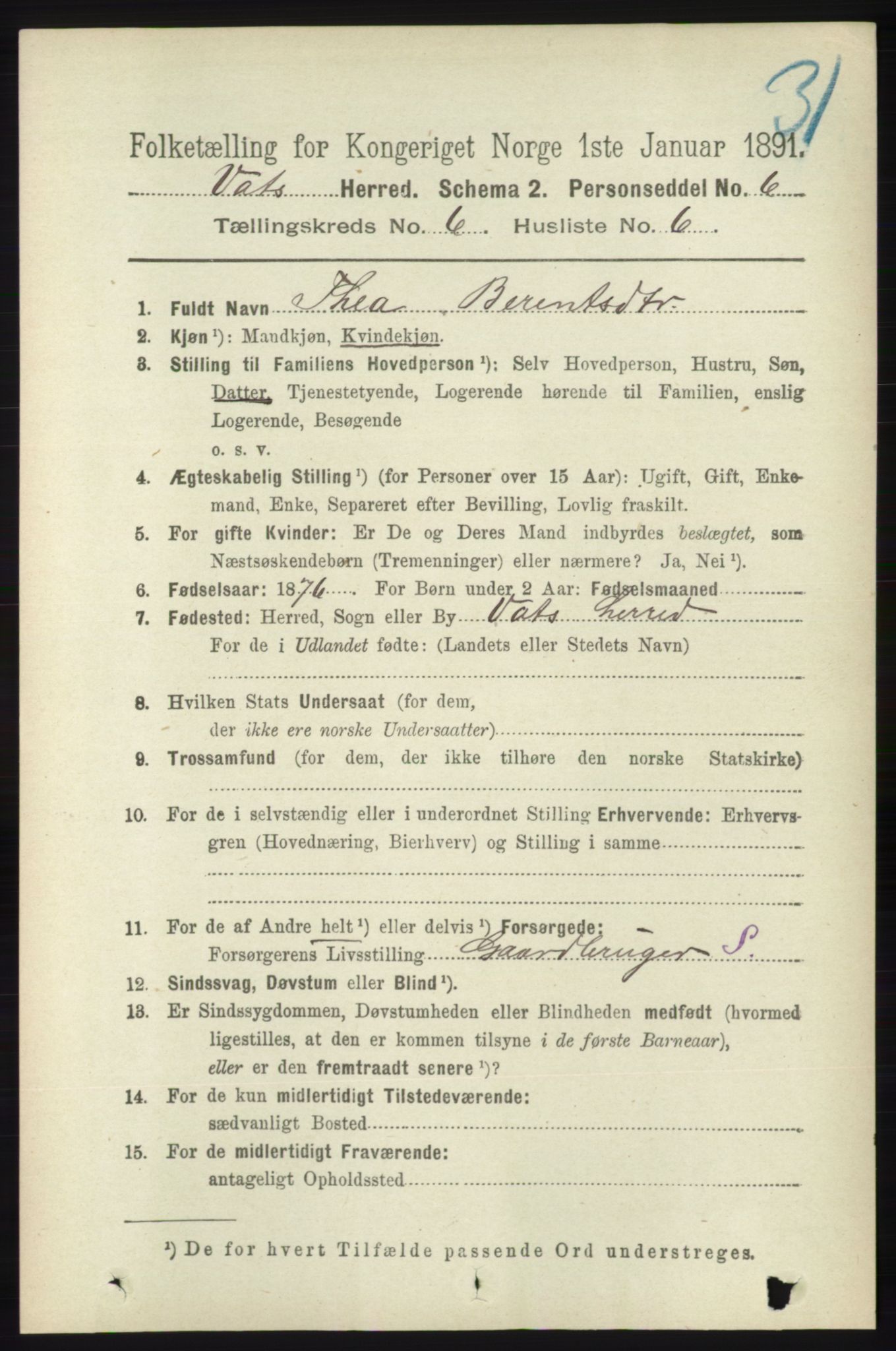 RA, 1891 census for 1155 Vats, 1891, p. 981