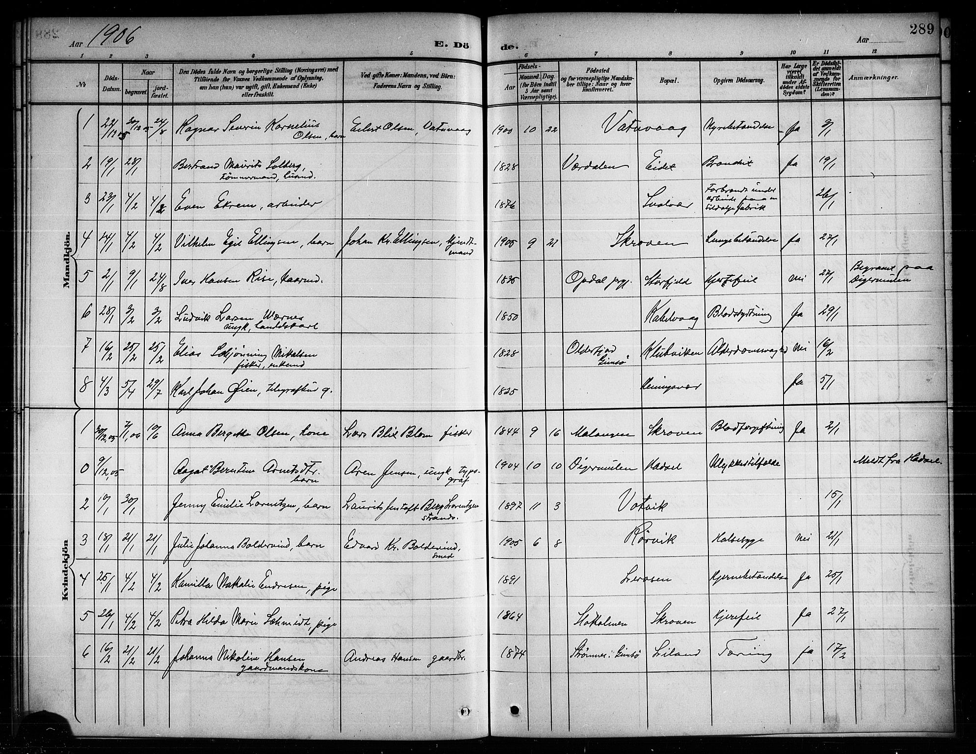 Ministerialprotokoller, klokkerbøker og fødselsregistre - Nordland, AV/SAT-A-1459/874/L1078: Parish register (copy) no. 874C07, 1900-1907, p. 289