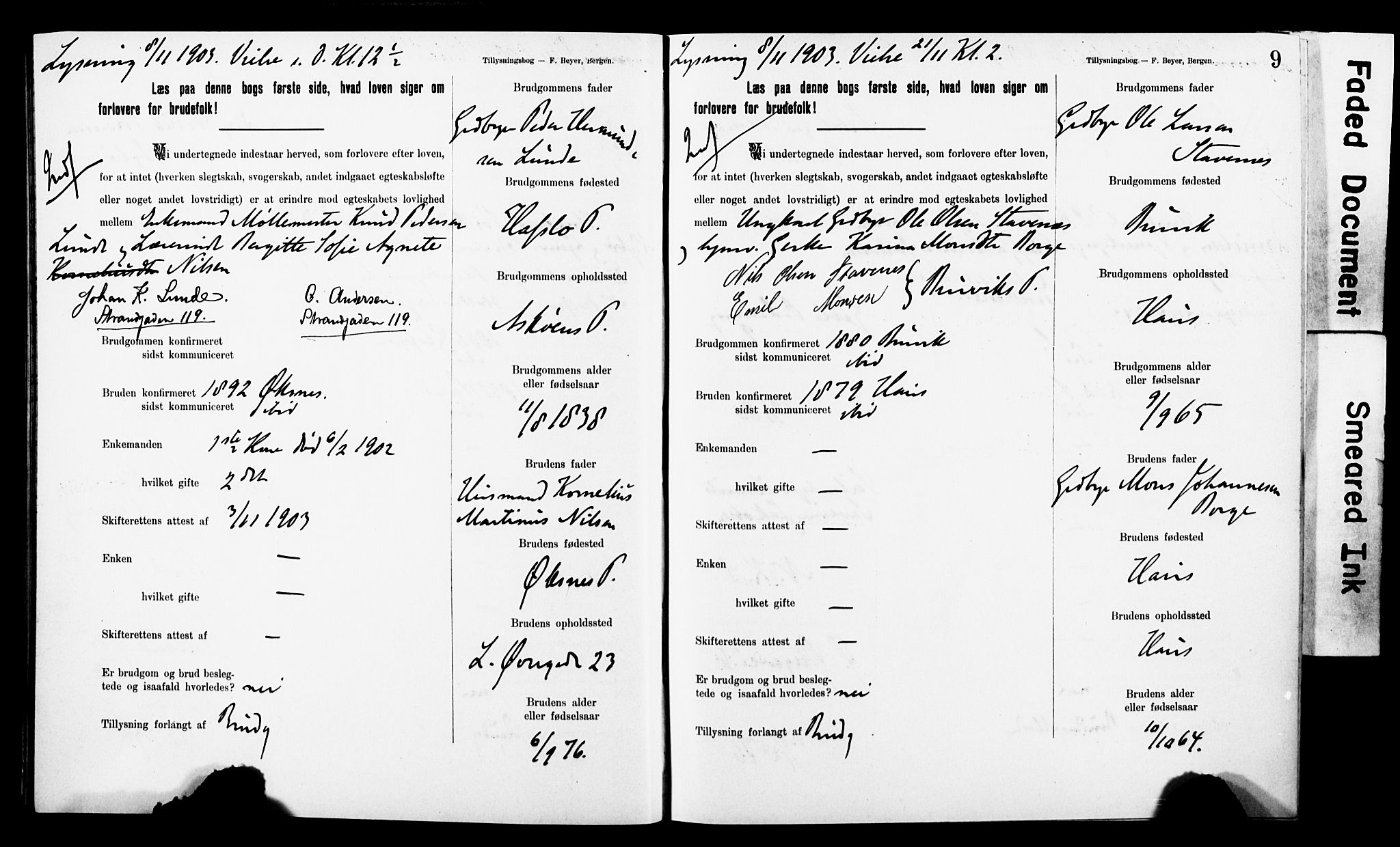 Korskirken sokneprestembete, AV/SAB-A-76101: Best man's statements no. II.5.8, 1903-1908, p. 9