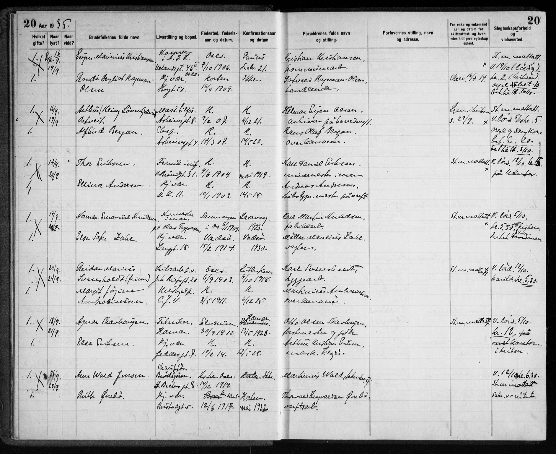 Horten kirkebøker, AV/SAKO-A-348/H/Ha/L0007: Banns register no. 7, 1934-1947, p. 20