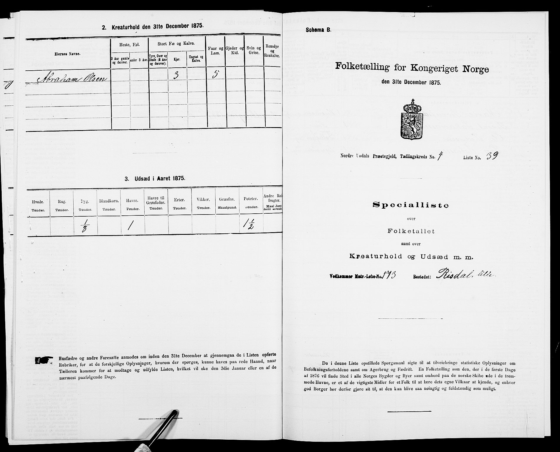 SAK, 1875 census for 1028P Nord-Audnedal, 1875, p. 441