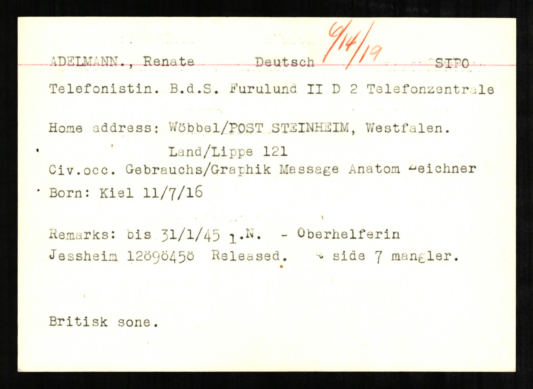 Forsvaret, Forsvarets overkommando II, AV/RA-RAFA-3915/D/Db/L0001: CI Questionaires. Tyske okkupasjonsstyrker i Norge. Tyskere., 1945-1946, p. 86