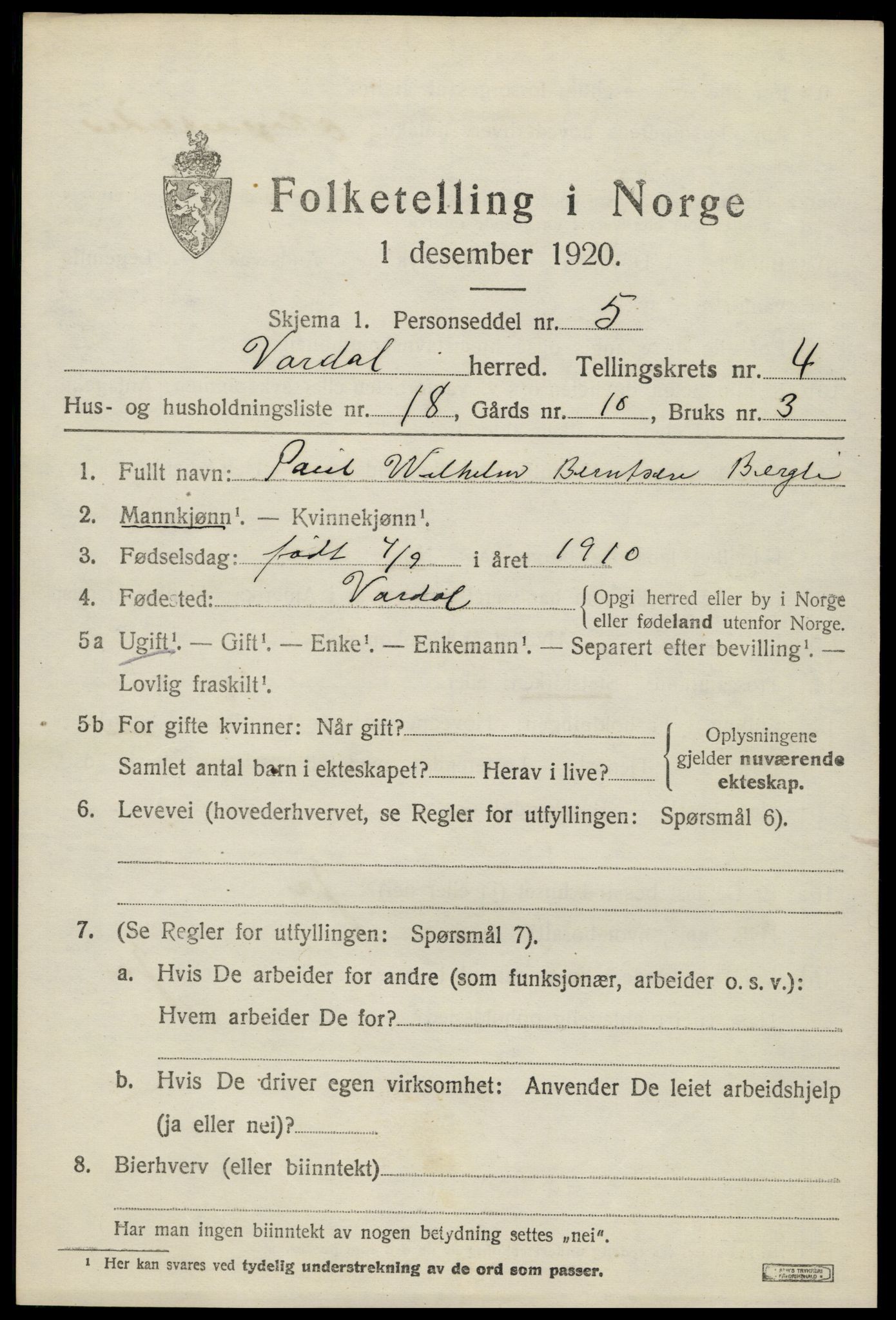 SAH, 1920 census for Vardal, 1920, p. 3049