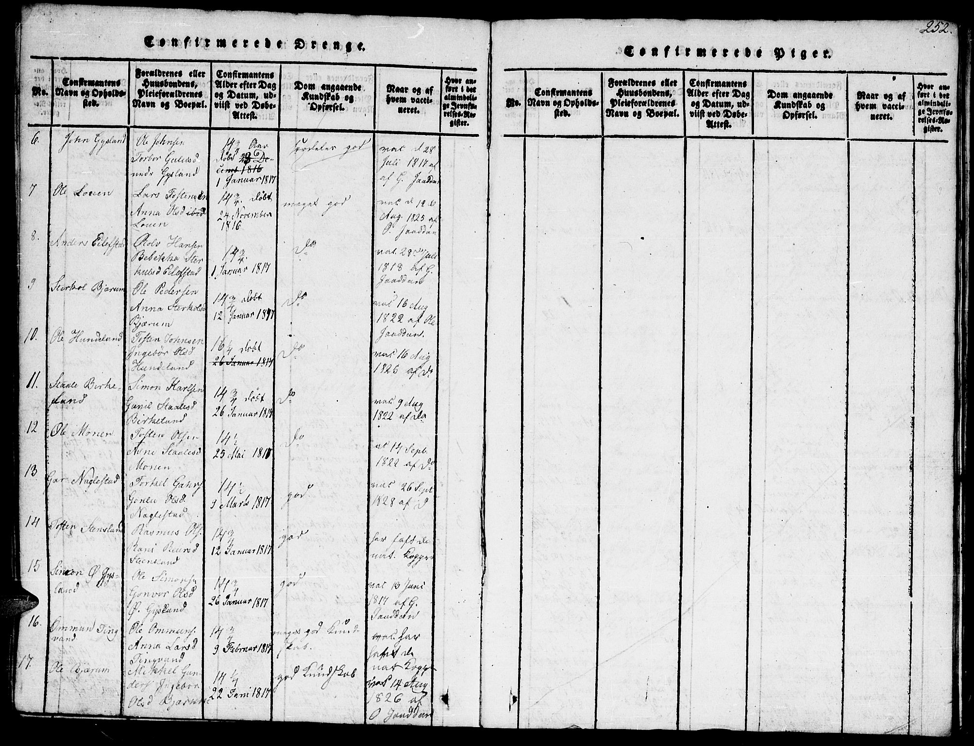 Hægebostad sokneprestkontor, AV/SAK-1111-0024/F/Fb/Fba/L0001: Parish register (copy) no. B 1, 1815-1844, p. 252