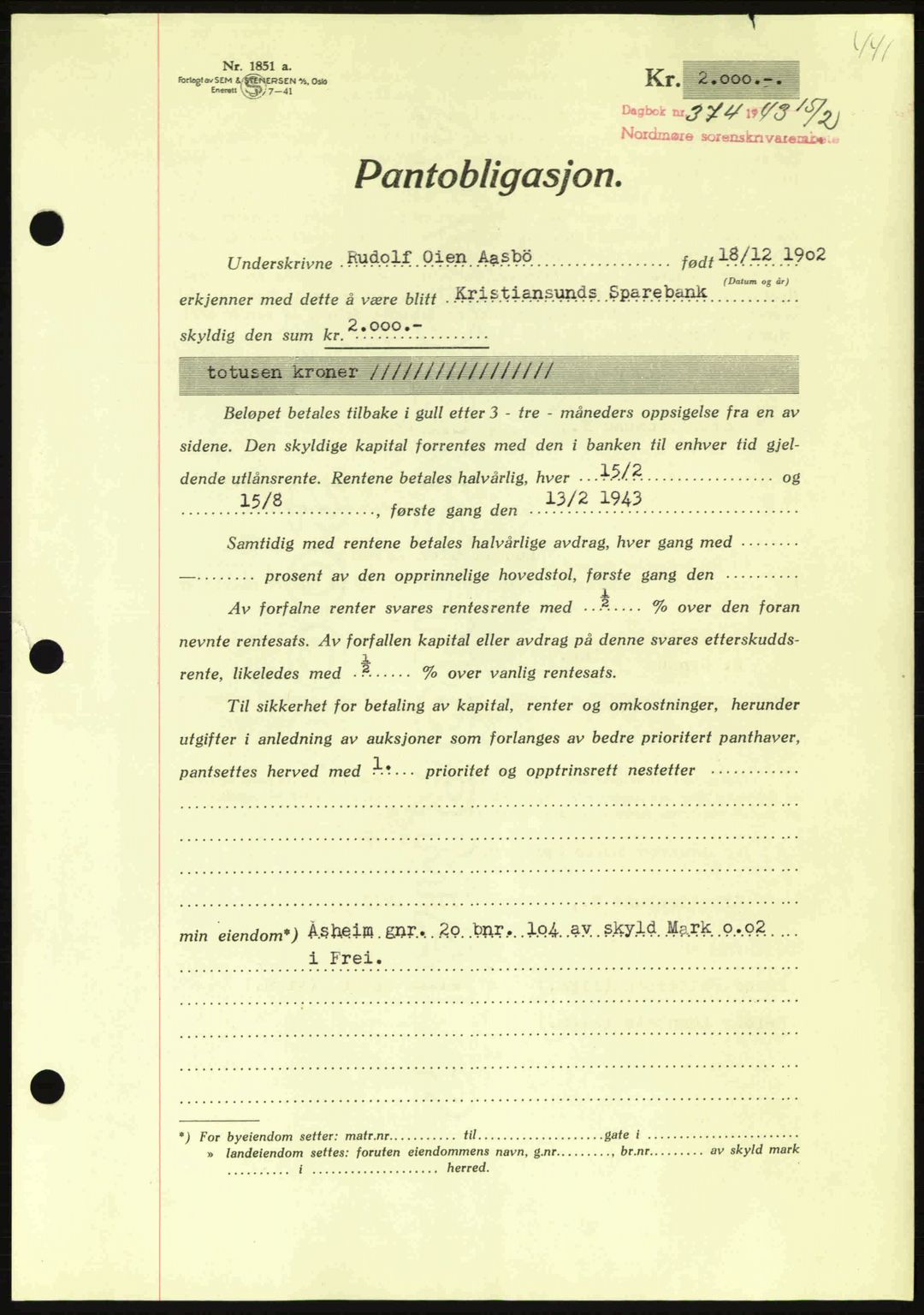 Nordmøre sorenskriveri, AV/SAT-A-4132/1/2/2Ca: Mortgage book no. B90, 1942-1943, Diary no: : 374/1943