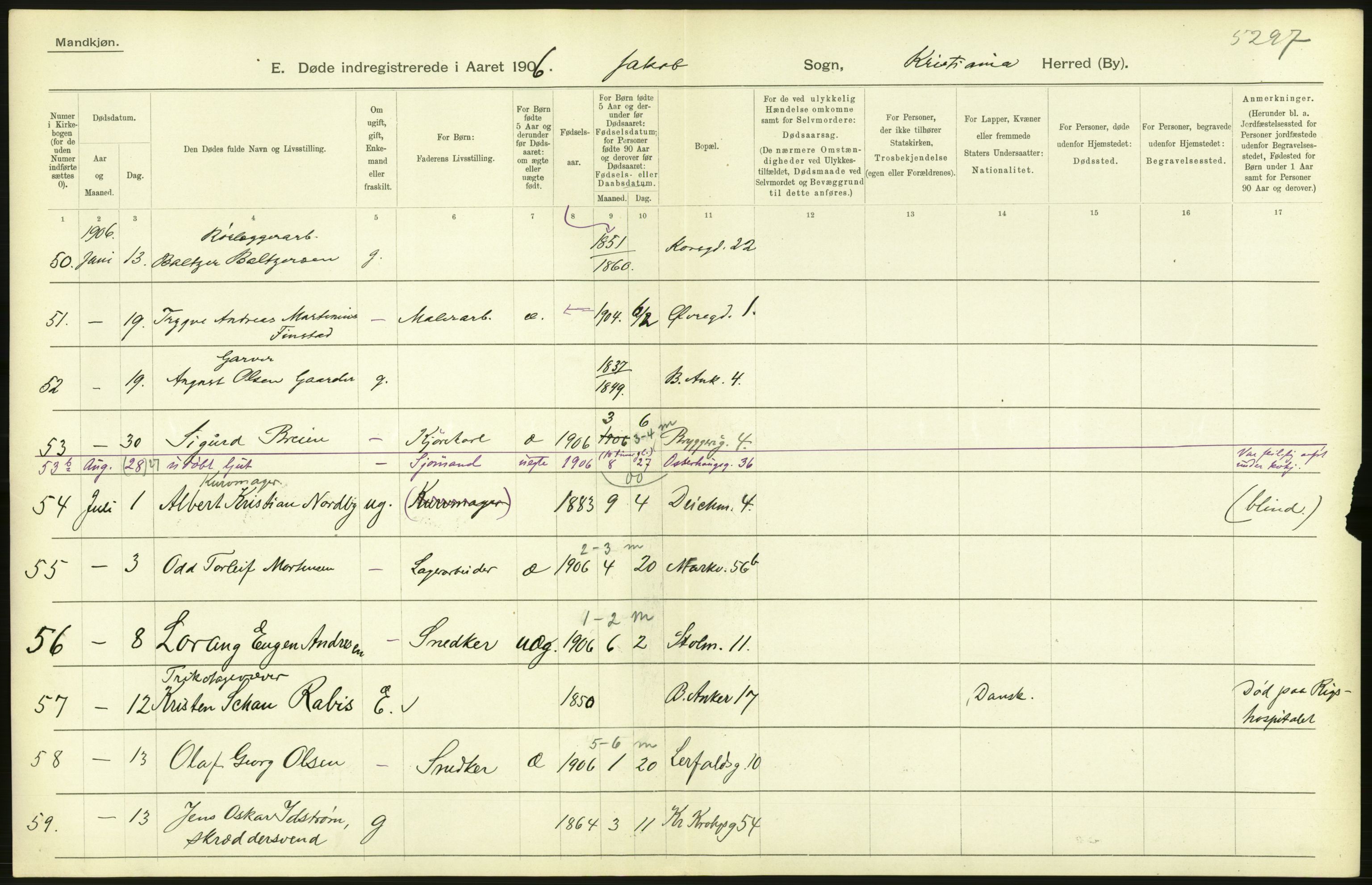 Statistisk sentralbyrå, Sosiodemografiske emner, Befolkning, AV/RA-S-2228/D/Df/Dfa/Dfad/L0009: Kristiania: Døde, 1906, p. 104