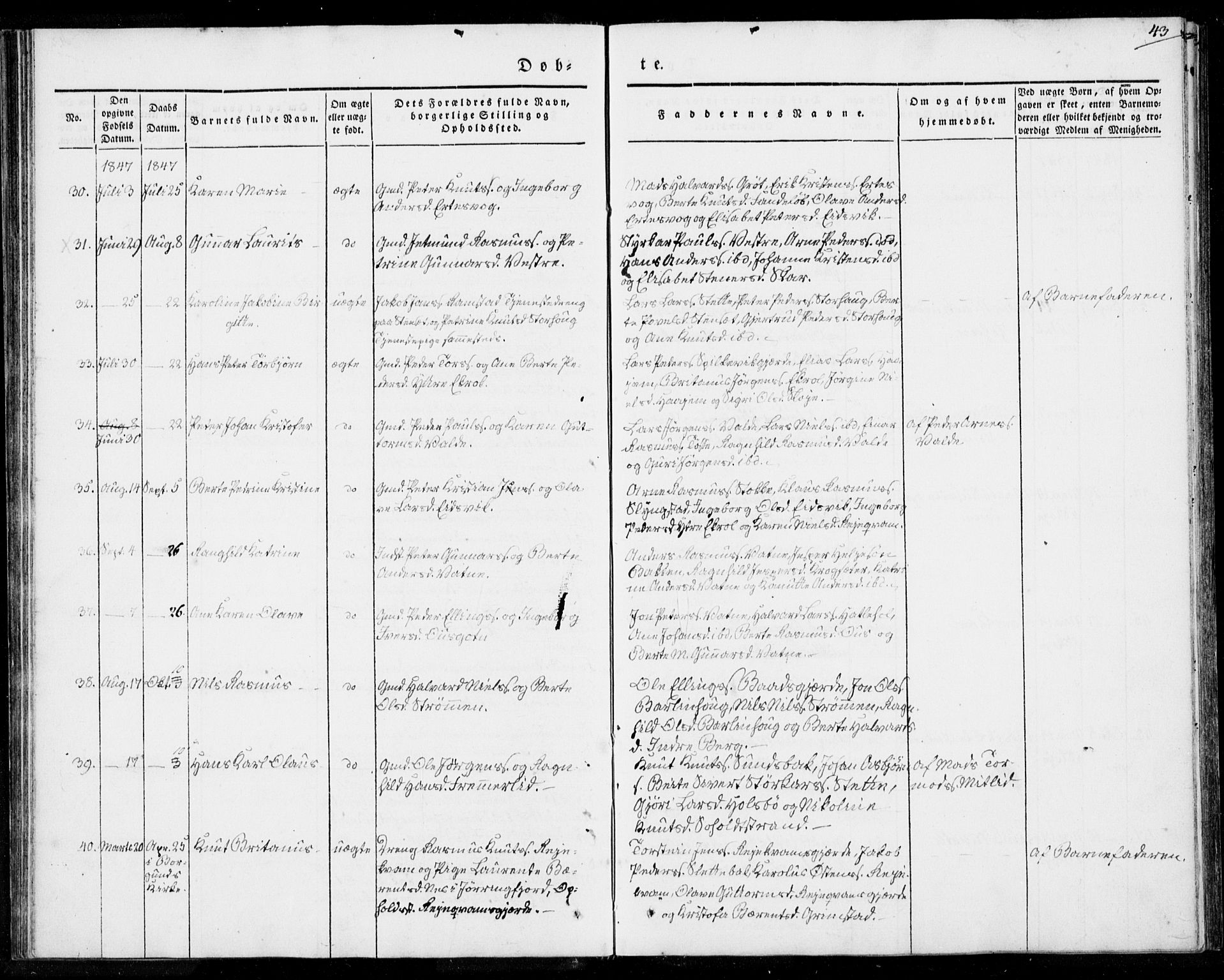 Ministerialprotokoller, klokkerbøker og fødselsregistre - Møre og Romsdal, SAT/A-1454/524/L0352: Parish register (official) no. 524A04, 1838-1847, p. 43