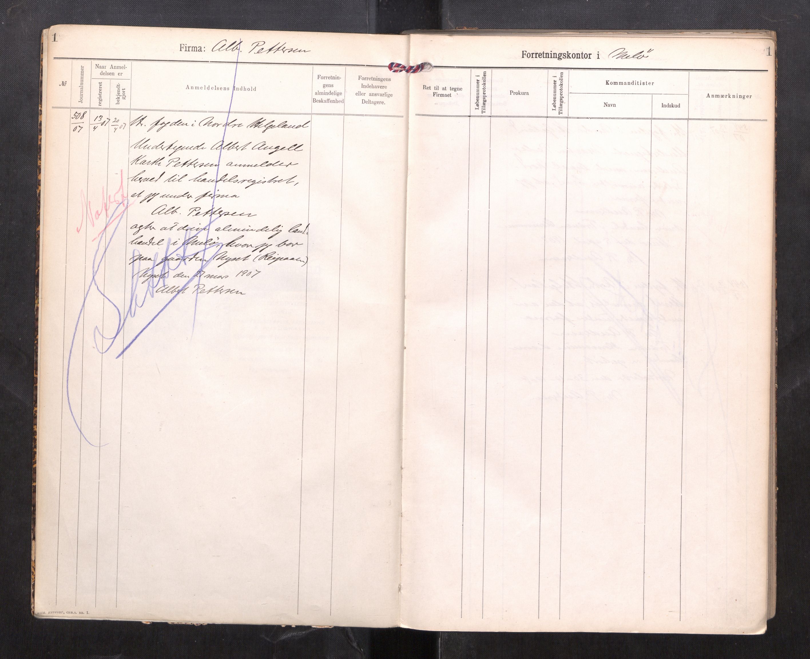 Rana sorenskriveri , SAT/A-1108/2/J/Ja/Jaa/L0003: Firmaregister A, 1907-1916, p. 3