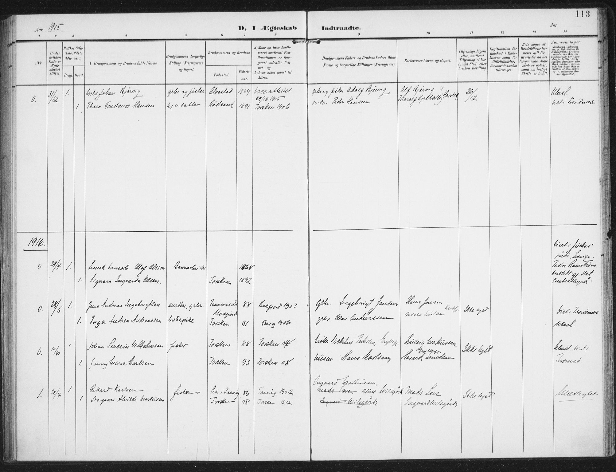 Berg sokneprestkontor, AV/SATØ-S-1318/G/Ga/Gaa/L0008kirke: Parish register (official) no. 8, 1904-1916, p. 113