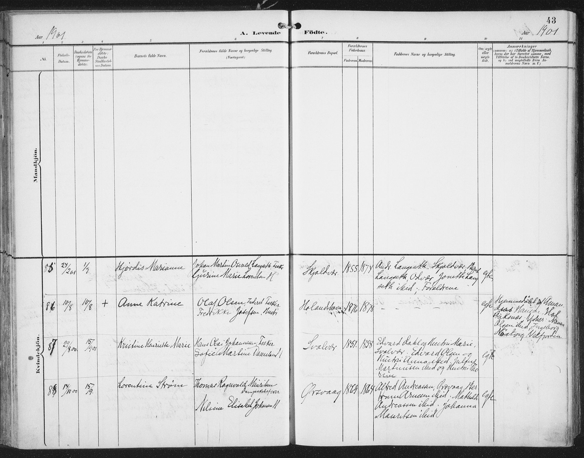 Ministerialprotokoller, klokkerbøker og fødselsregistre - Nordland, AV/SAT-A-1459/874/L1062: Parish register (official) no. 874A06, 1899-1907, p. 43