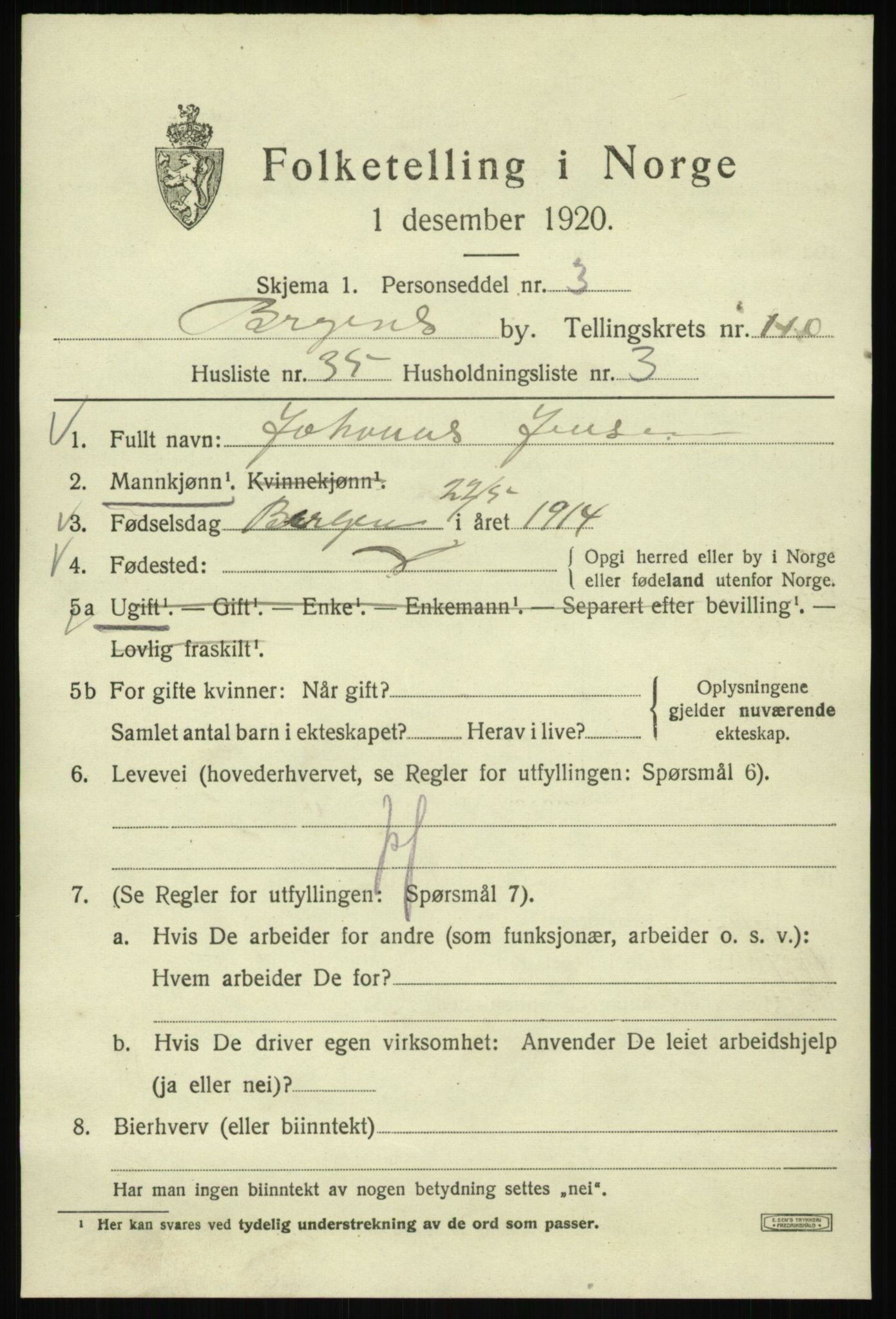 SAB, 1920 census for Bergen, 1920, p. 190556