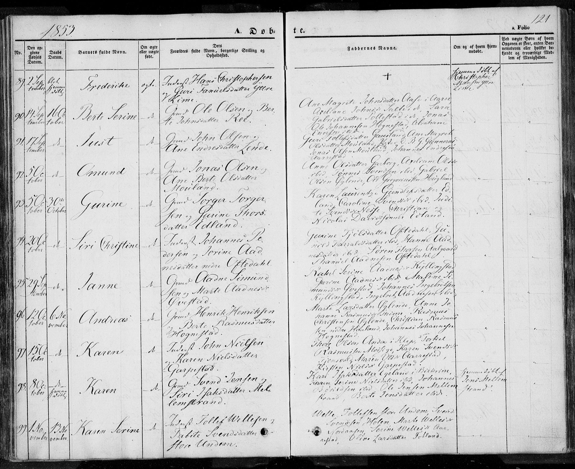 Lye sokneprestkontor, AV/SAST-A-101794/001/30BA/L0005: Parish register (official) no. A 5.1, 1842-1855, p. 121