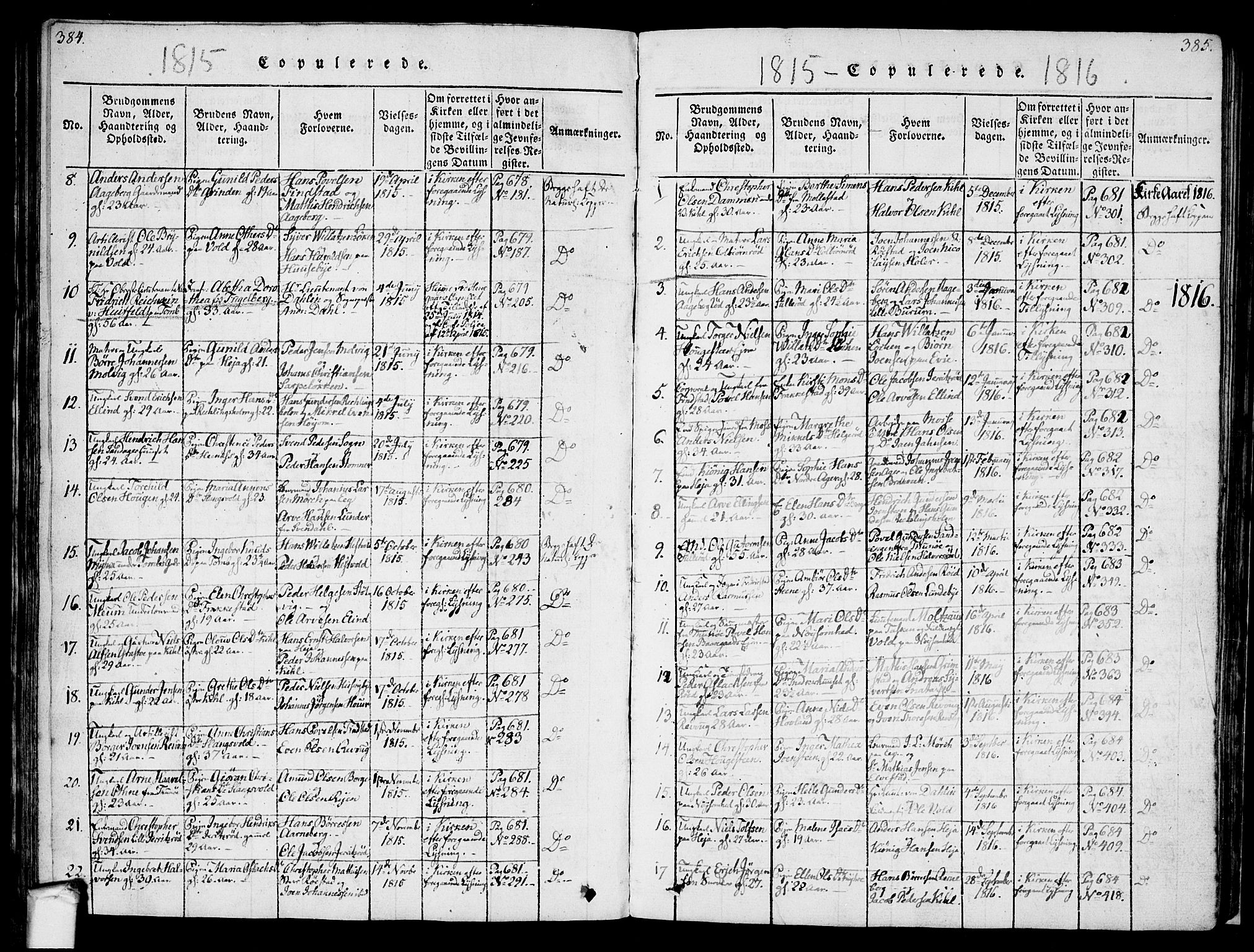 Råde prestekontor kirkebøker, AV/SAO-A-2009/F/Fa/L0004: Parish register (official) no. 4, 1814-1830, p. 384-385