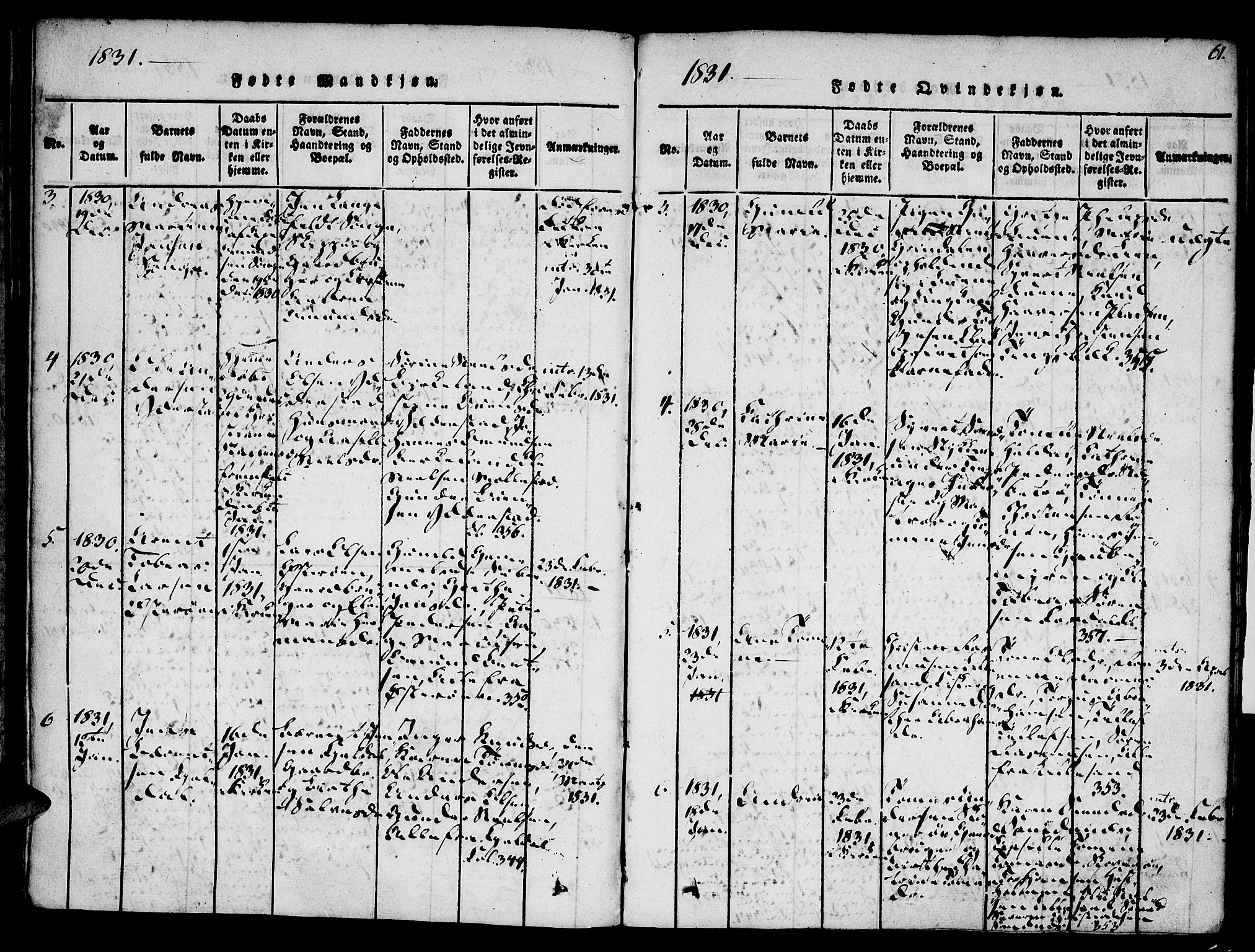 Vestre Moland sokneprestkontor, AV/SAK-1111-0046/F/Fa/Fab/L0003: Parish register (official) no. A 3, 1816-1843, p. 61