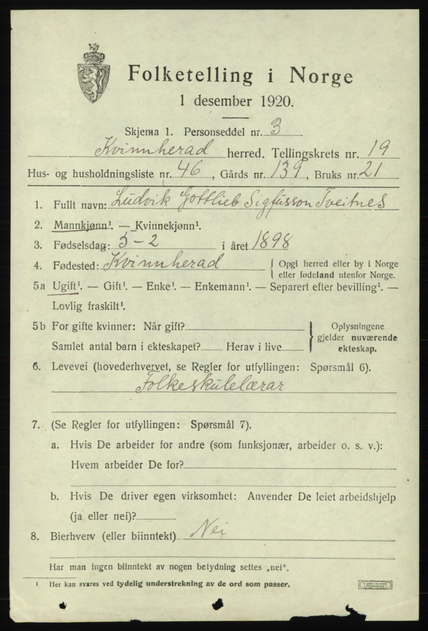 SAB, 1920 census for Kvinnherad, 1920, p. 12420