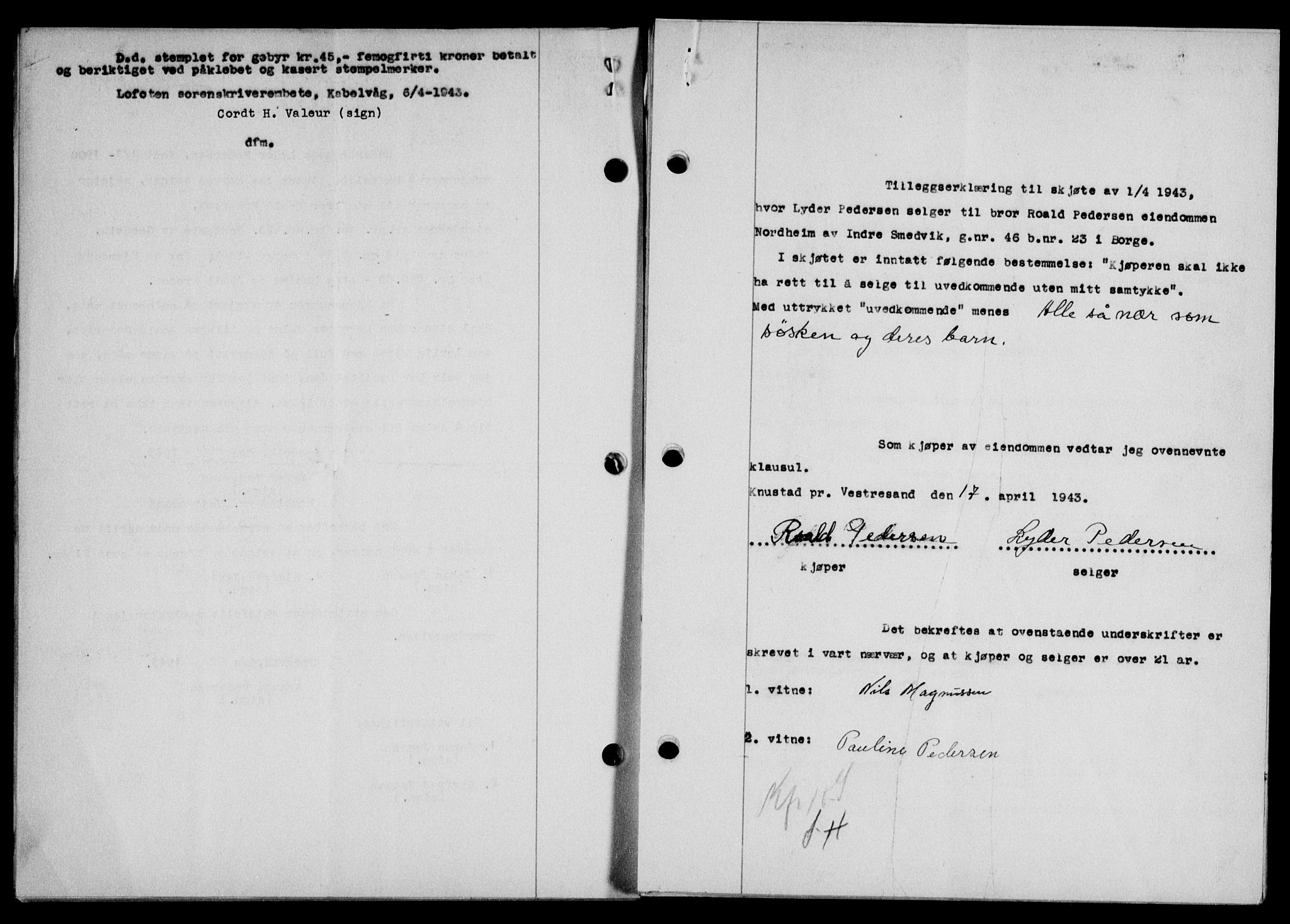 Lofoten sorenskriveri, AV/SAT-A-0017/1/2/2C/L0011a: Mortgage book no. 11a, 1943-1943, Diary no: : 453/1943