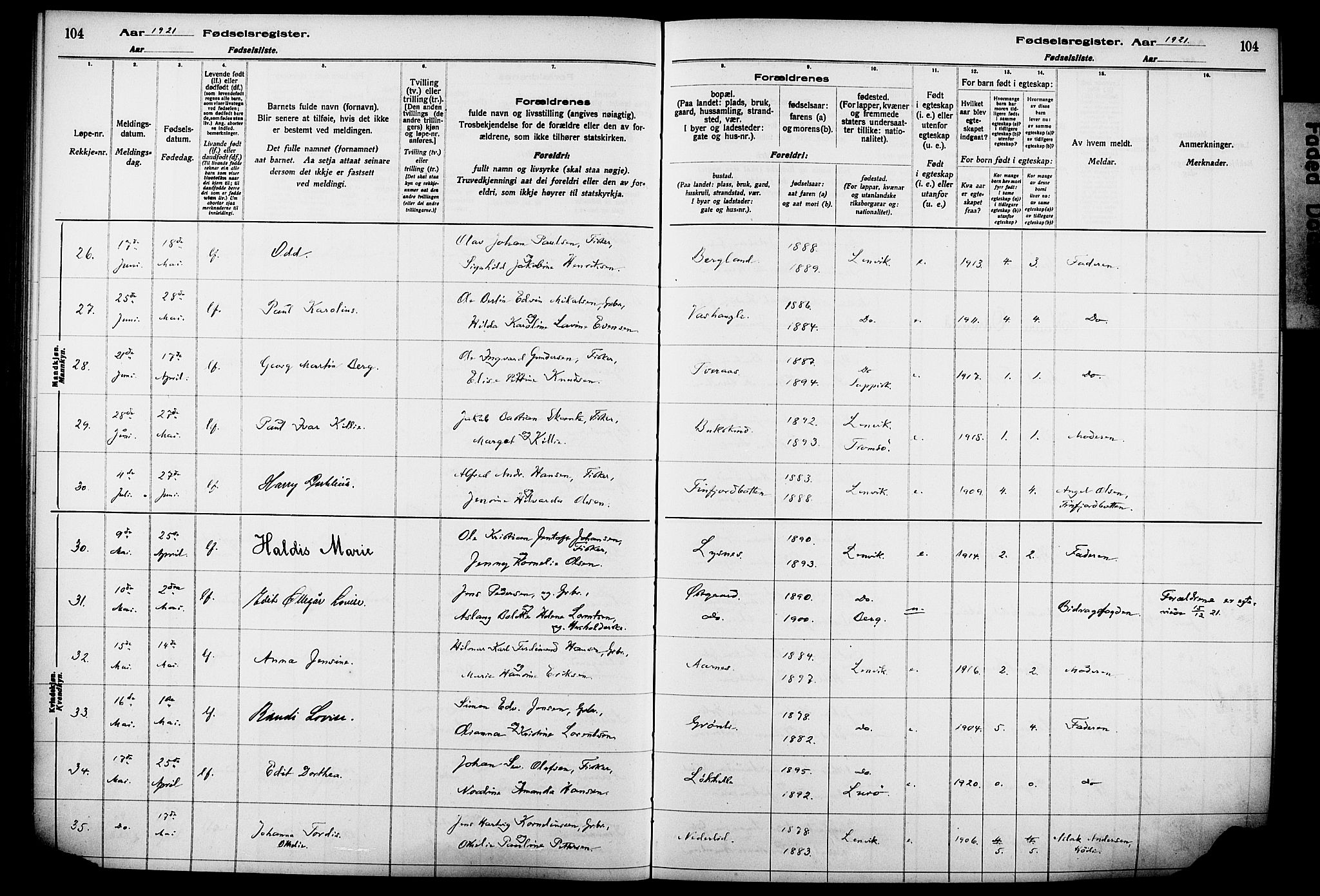 Lenvik sokneprestembete, AV/SATØ-S-1310/I/Ic/L0089: Birth register no. 89, 1916-1926, p. 104