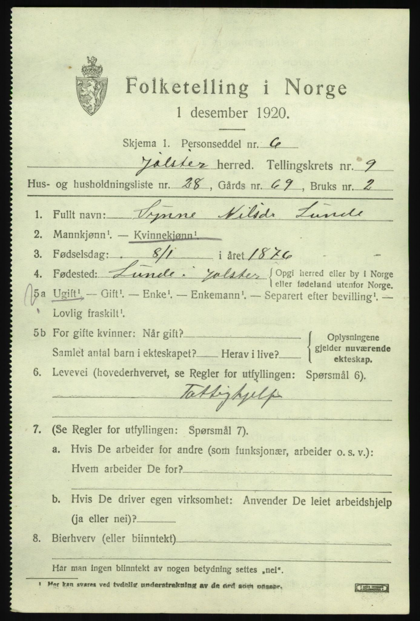 SAB, 1920 census for Jølster, 1920, p. 4642