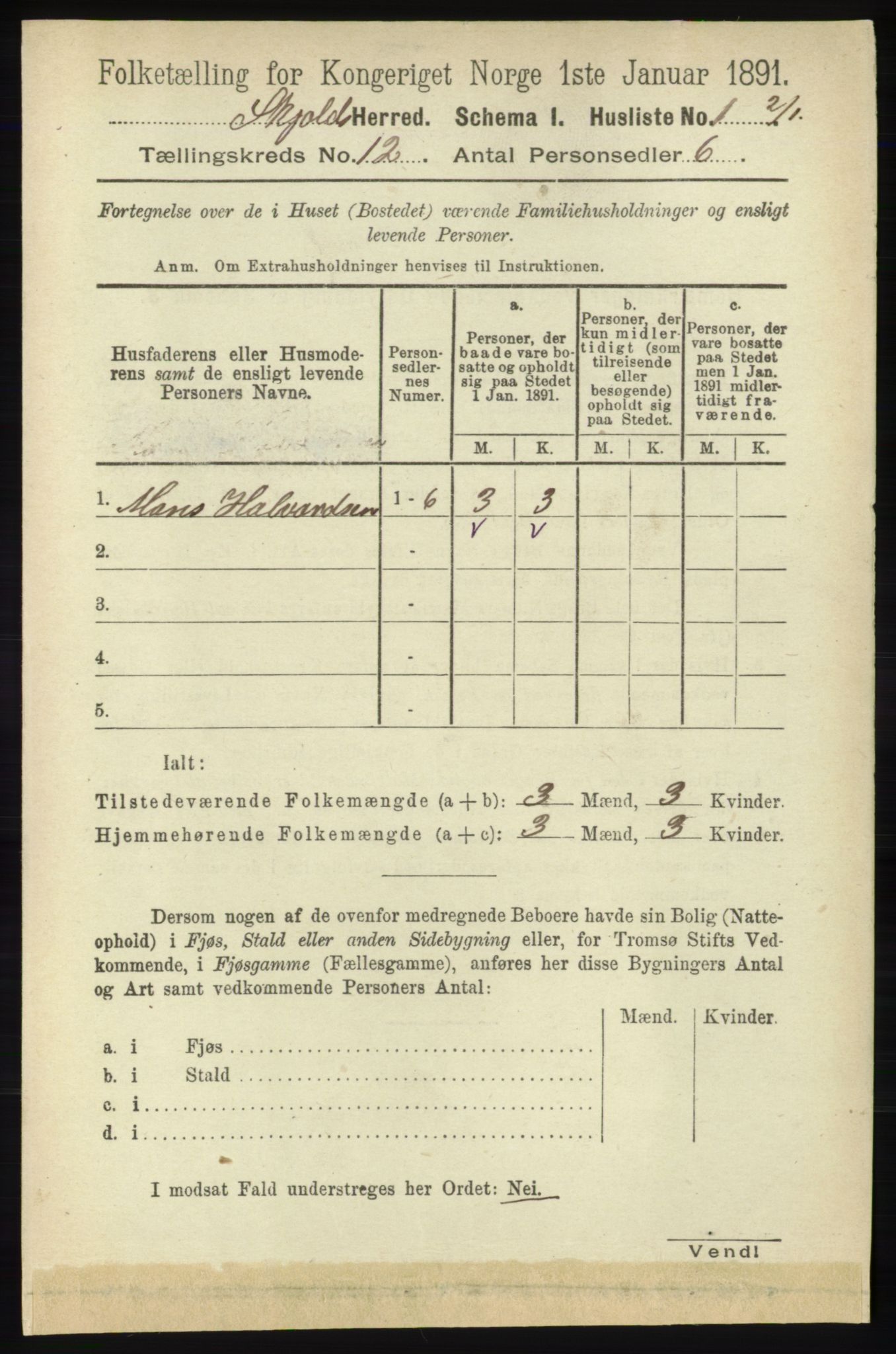 RA, 1891 census for 1154 Skjold, 1891, p. 2229