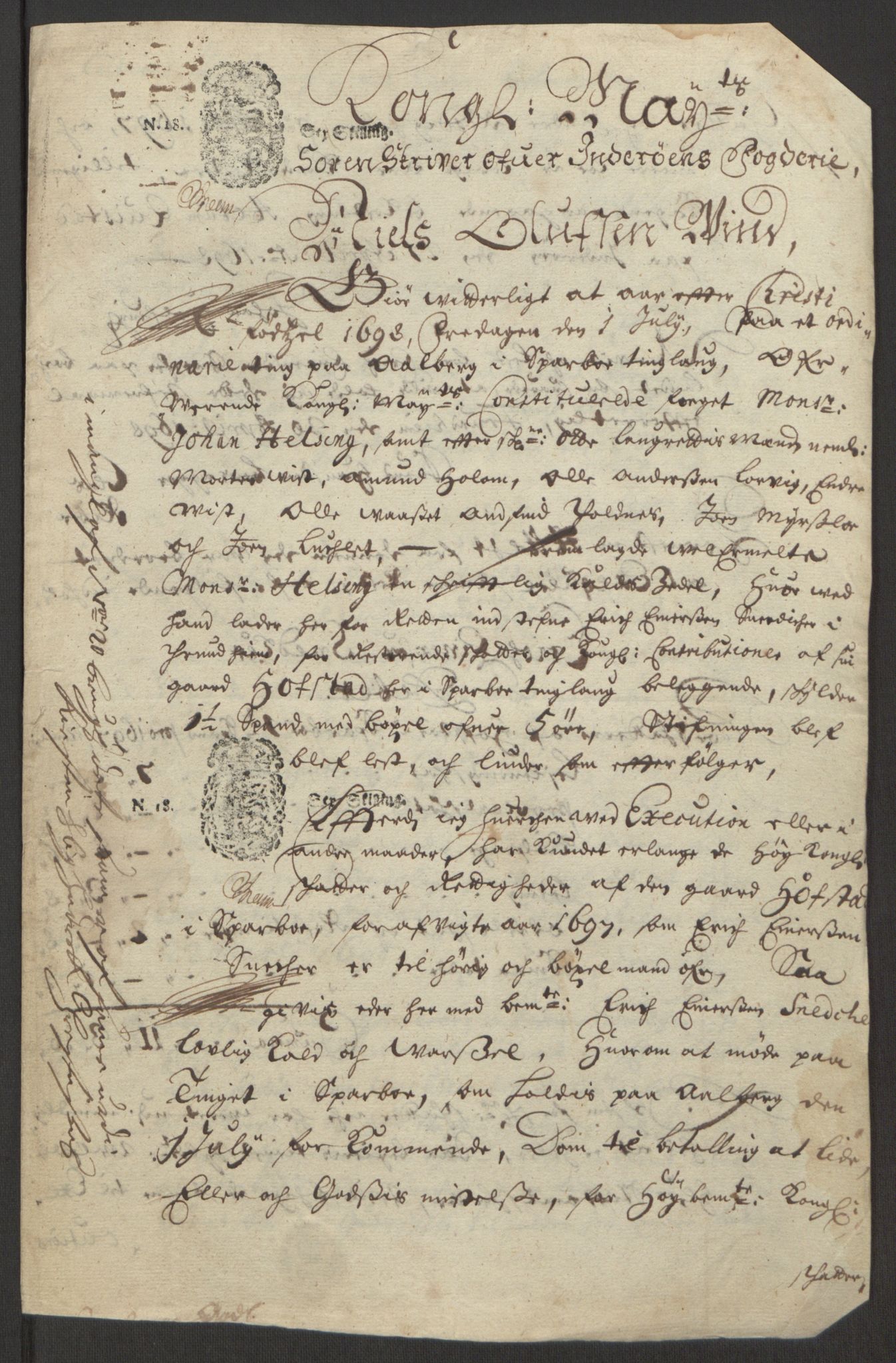 Rentekammeret inntil 1814, Reviderte regnskaper, Fogderegnskap, AV/RA-EA-4092/R63/L4309: Fogderegnskap Inderøy, 1695-1697, p. 583