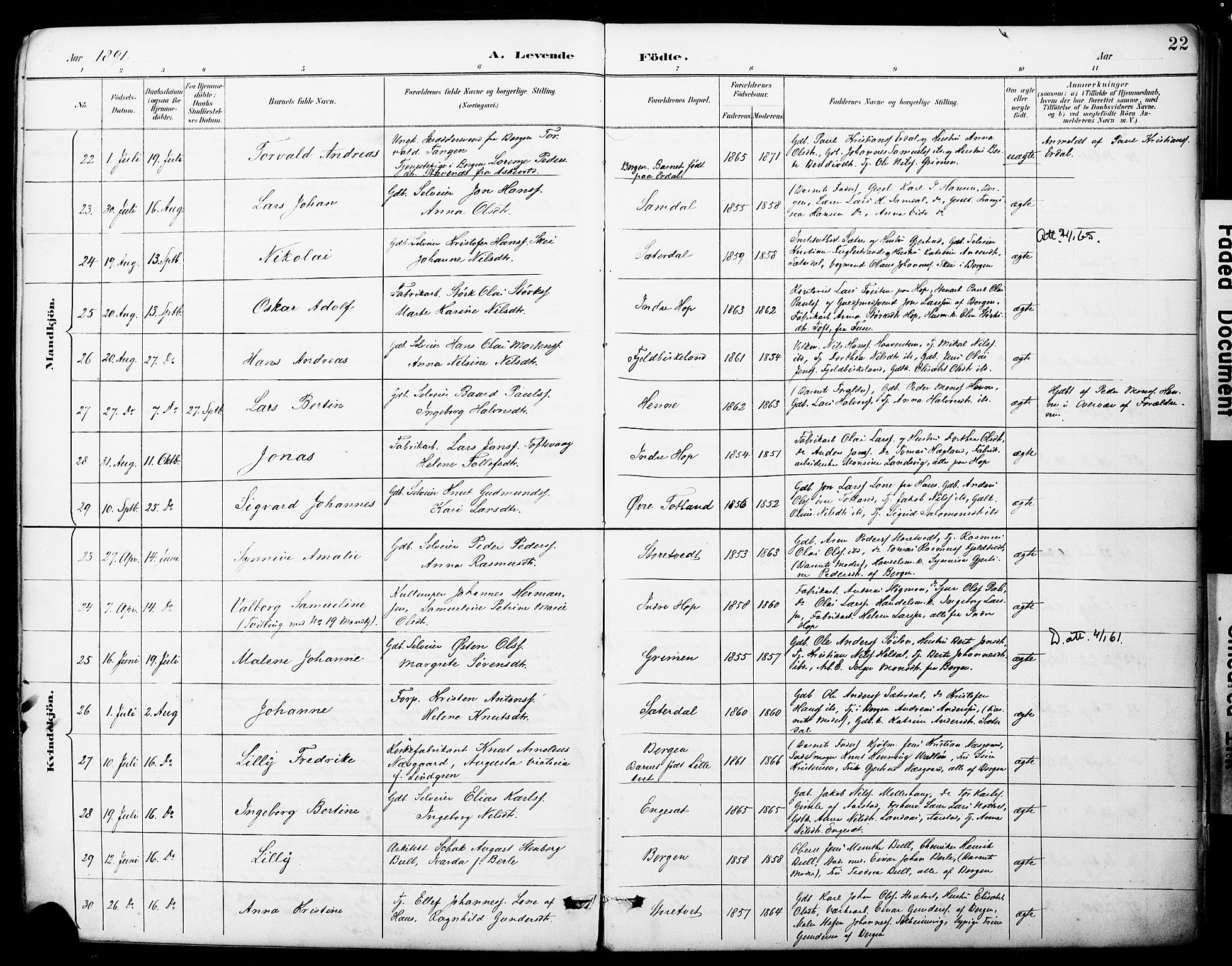 Fana Sokneprestembete, AV/SAB-A-75101/H/Haa/Haai/L0002: Parish register (official) no. I 2, 1888-1899, p. 22