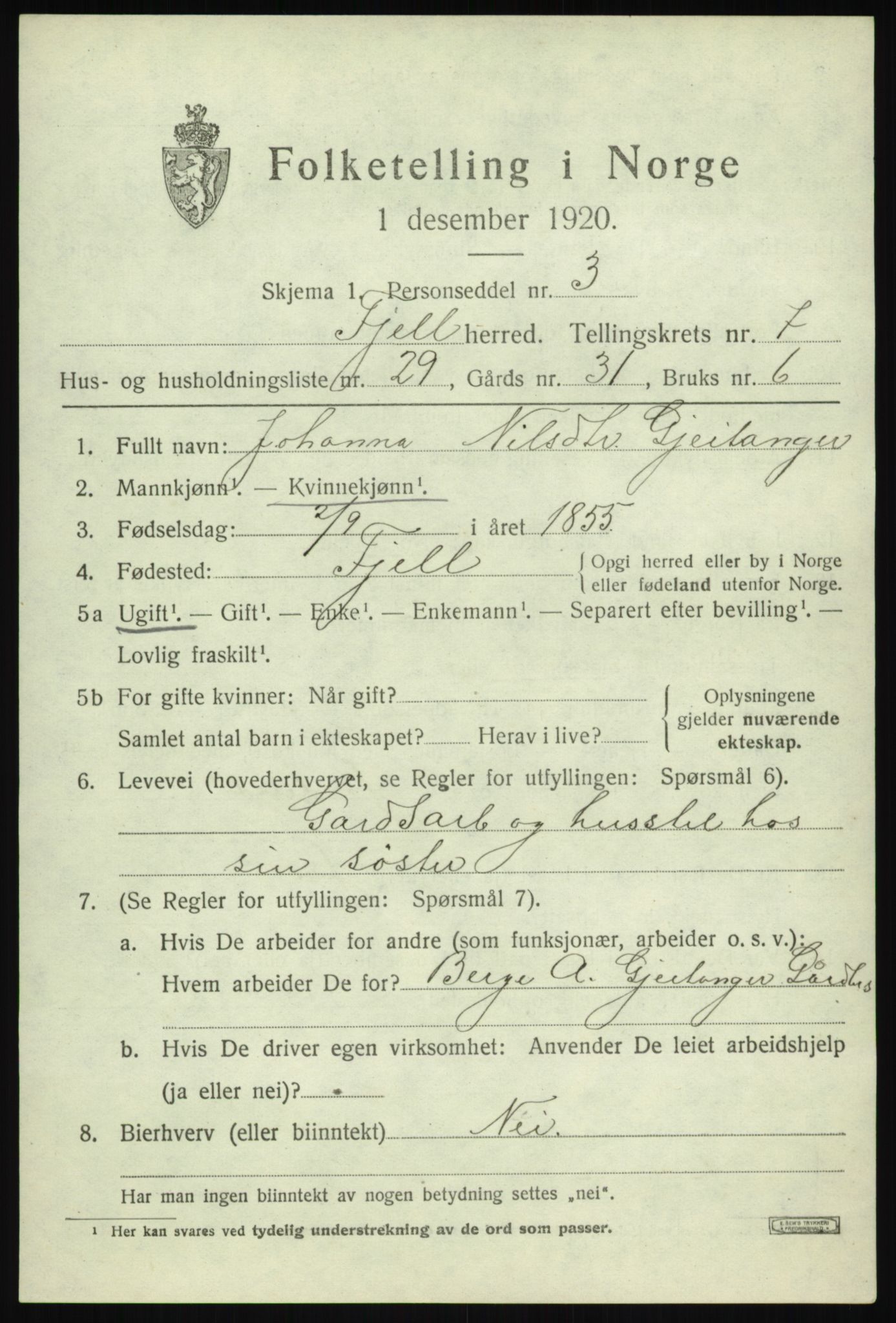 SAB, 1920 census for Fjell, 1920, p. 6778