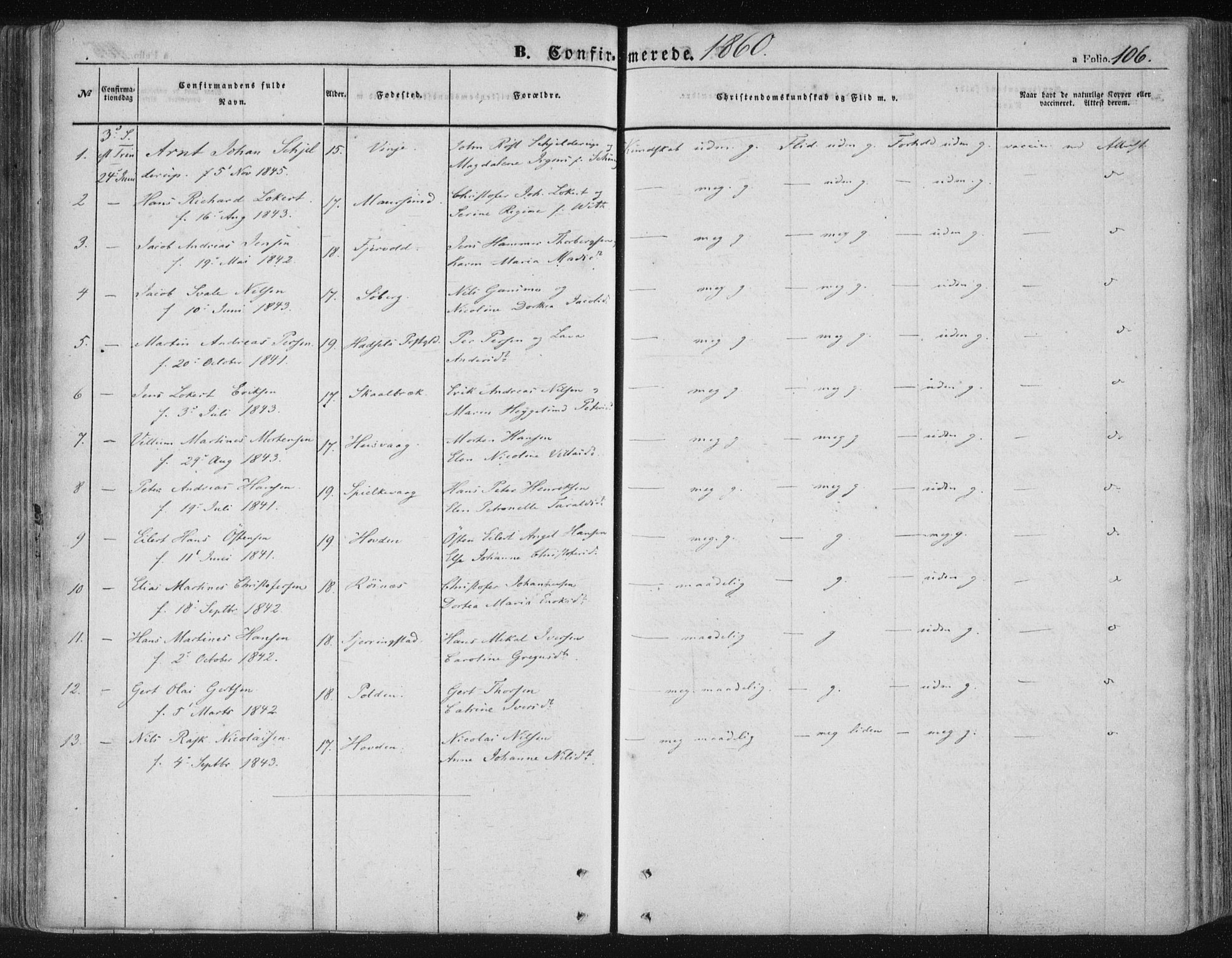 Ministerialprotokoller, klokkerbøker og fødselsregistre - Nordland, AV/SAT-A-1459/891/L1300: Parish register (official) no. 891A05, 1856-1870, p. 106