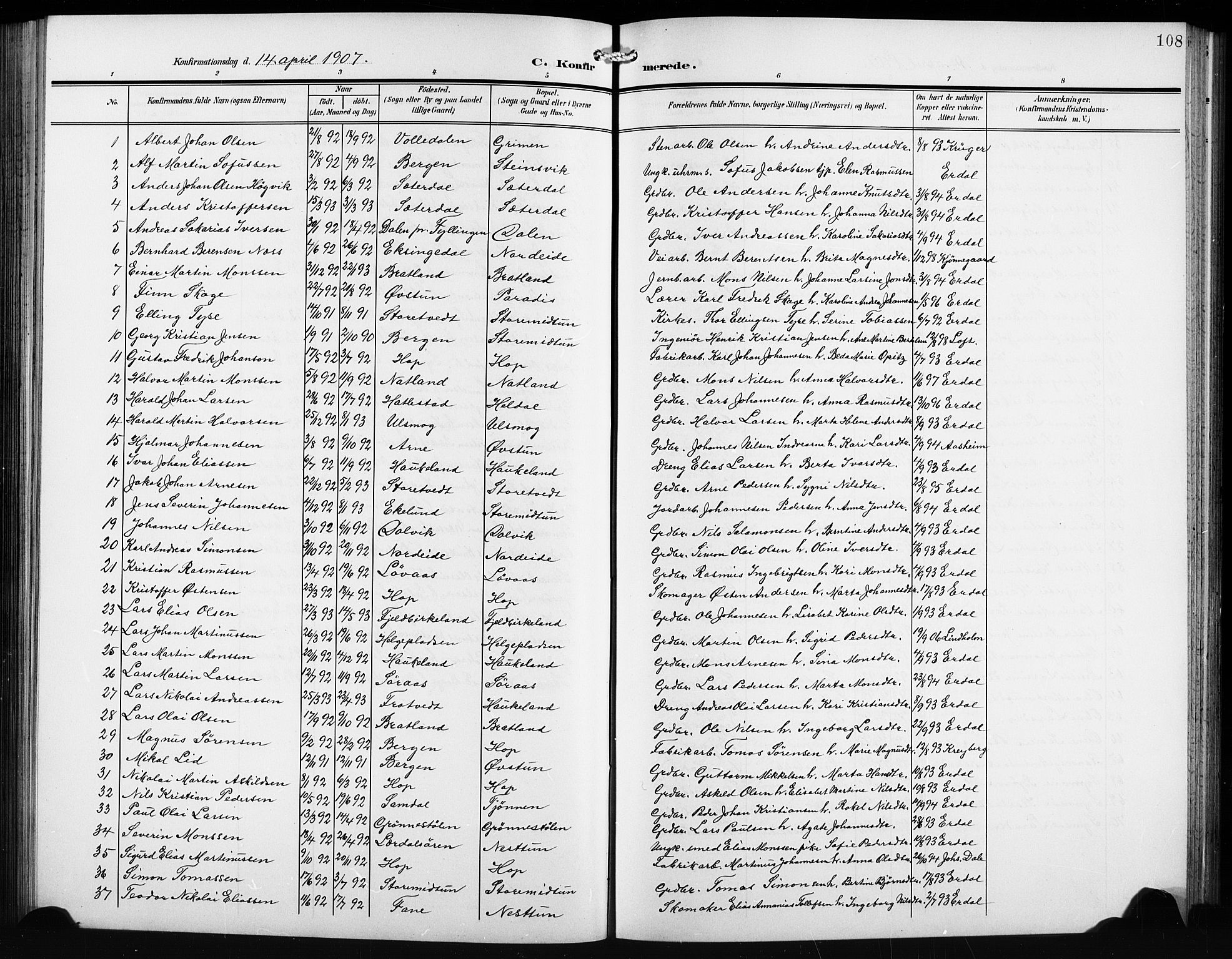 Birkeland Sokneprestembete, SAB/A-74601/H/Hab: Parish register (copy) no. A 6, 1906-1915, p. 108