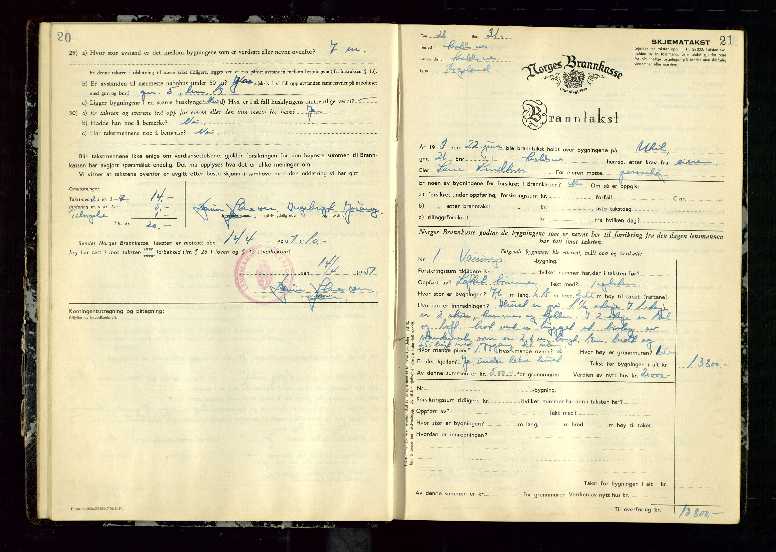 Avaldsnes lensmannskontor, AV/SAST-A-100286/Gob/L0003: "Branntakstprotokoll for Avaldsnes lensmannsdistrikt ", 1950-1952, p. 20-21