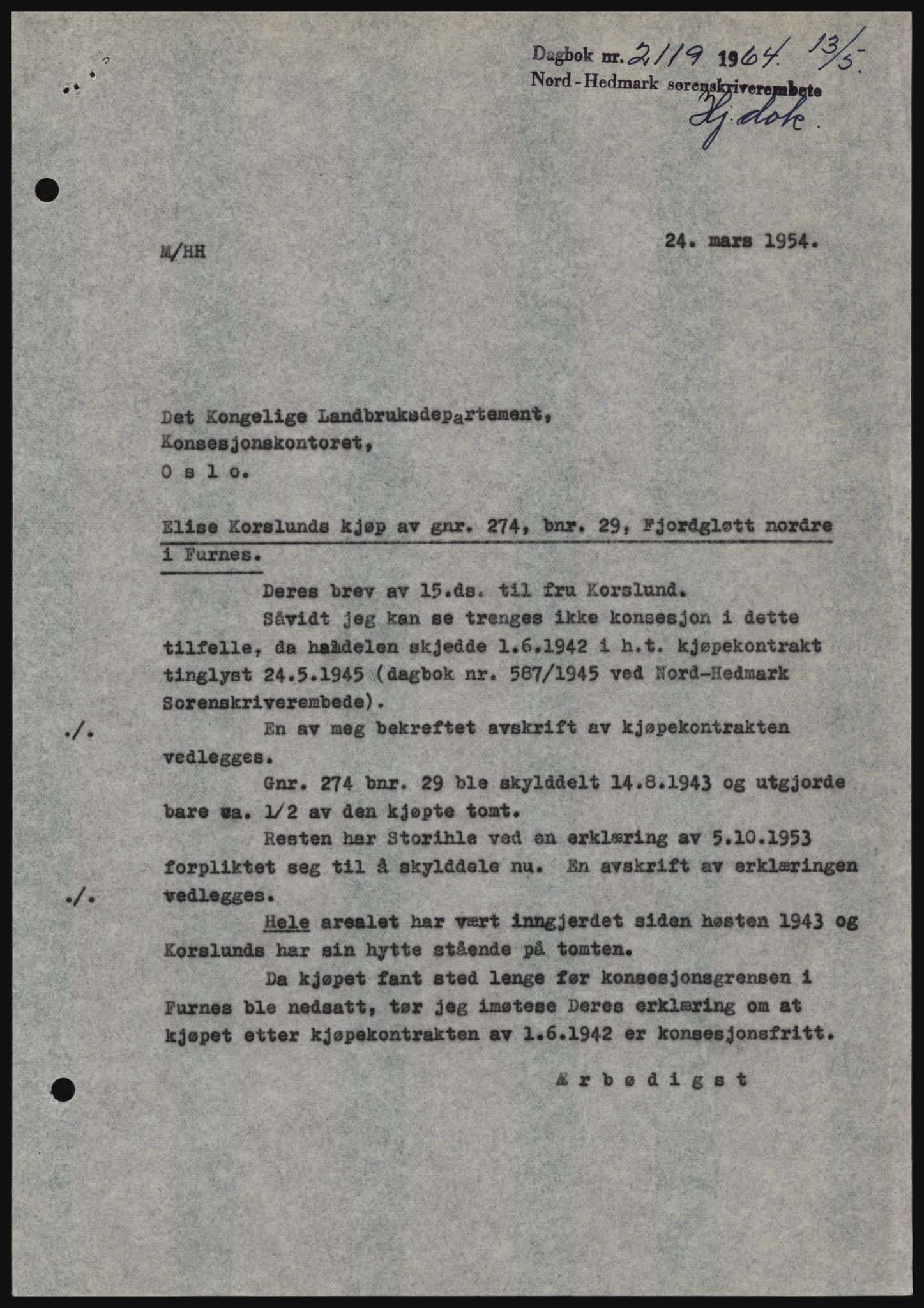 Nord-Hedmark sorenskriveri, SAH/TING-012/H/Hc/L0019: Mortgage book no. 19, 1963-1964, Diary no: : 2119/1964