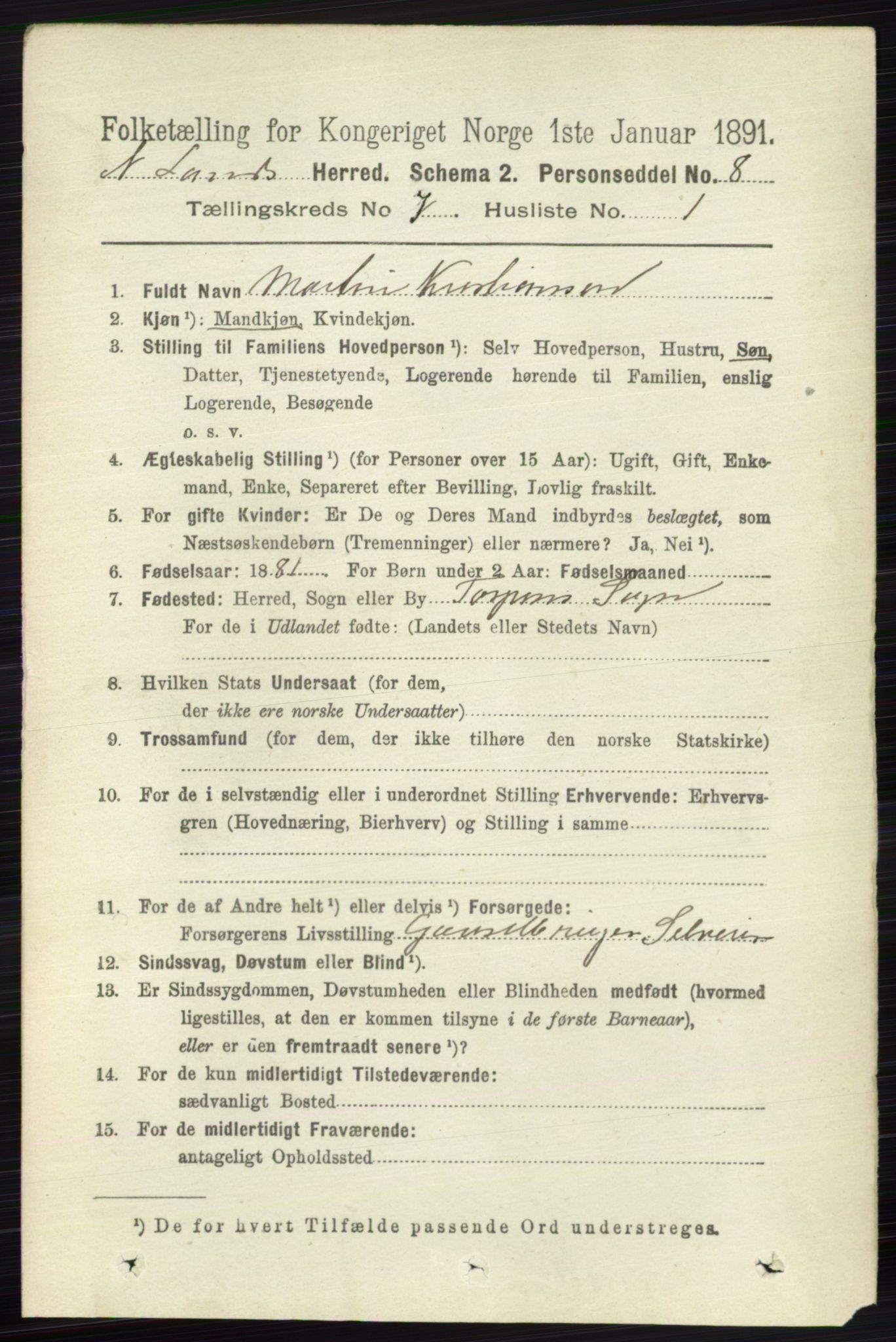 RA, 1891 census for 0538 Nordre Land, 1891, p. 1942