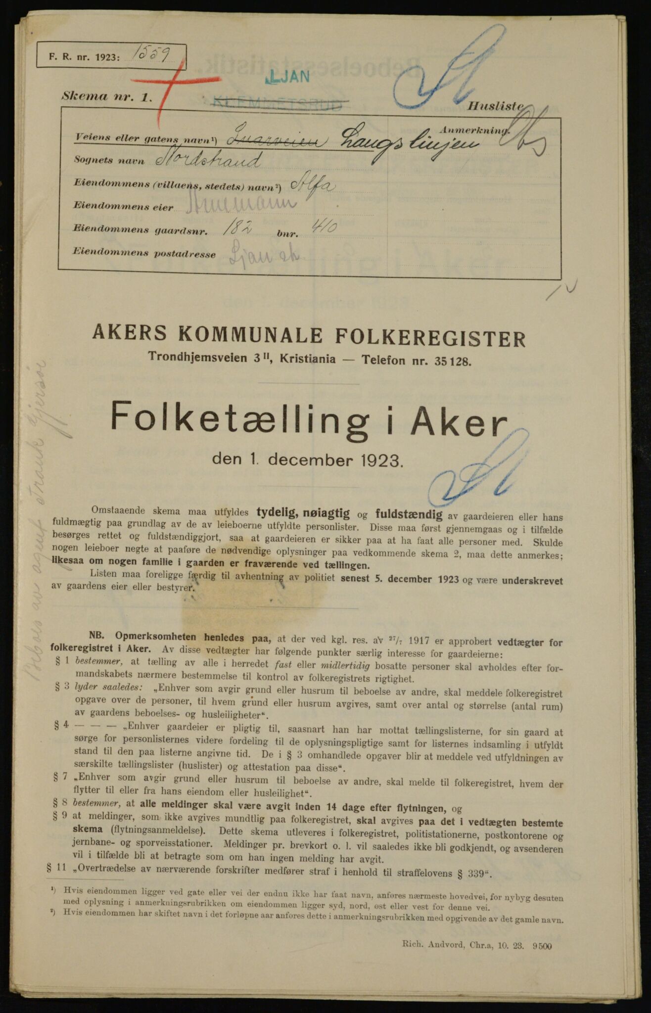 , Municipal Census 1923 for Aker, 1923, p. 45475