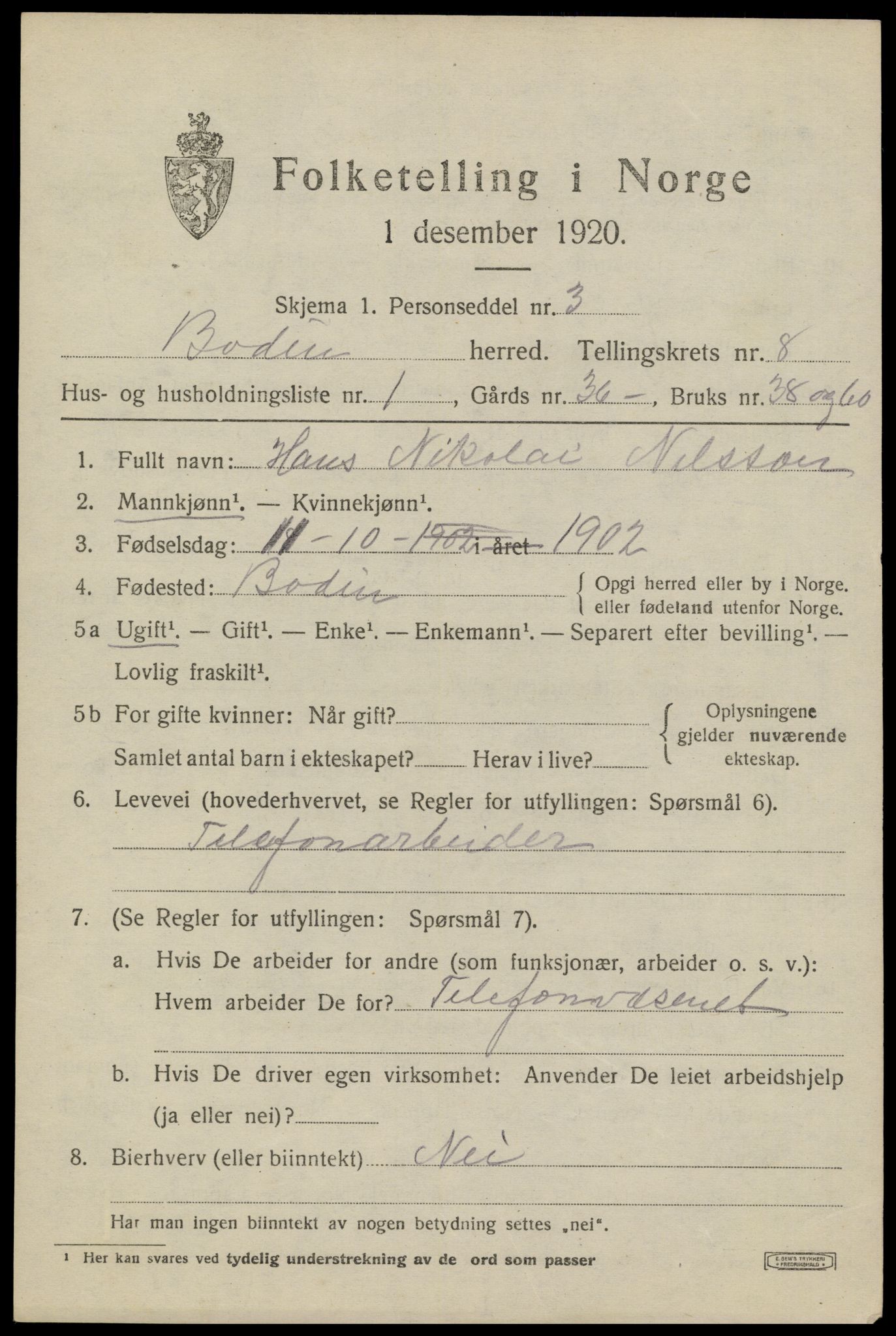 SAT, 1920 census for Bodin, 1920, p. 5840