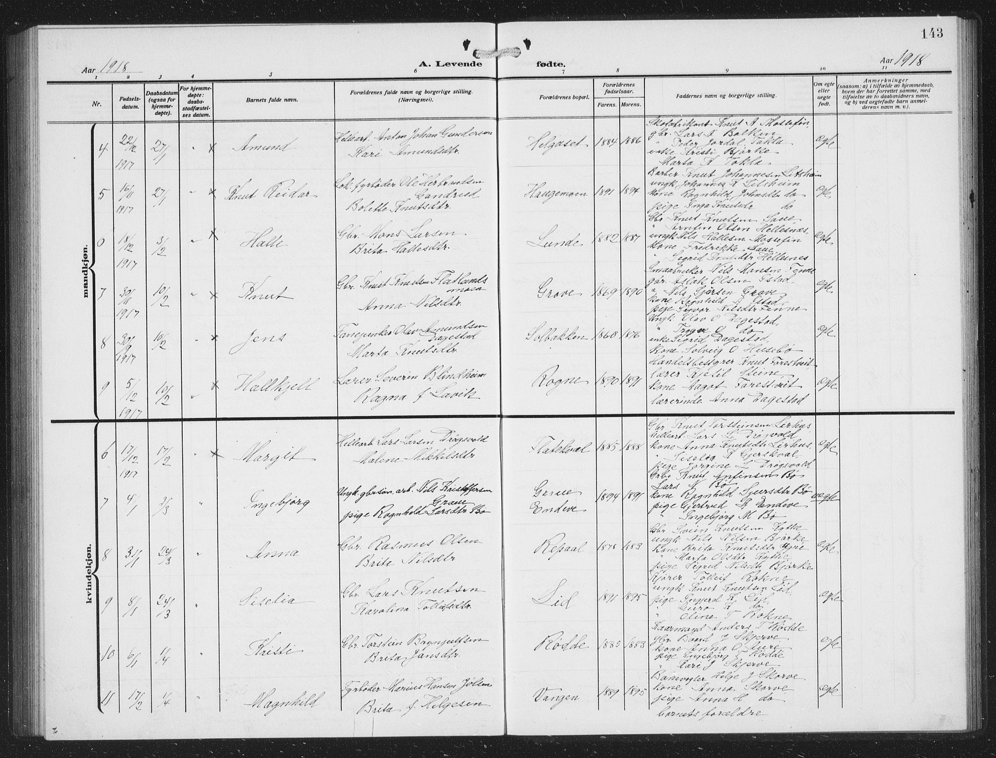 Voss sokneprestembete, SAB/A-79001/H/Hab: Parish register (copy) no. C 3, 1909-1920, p. 143