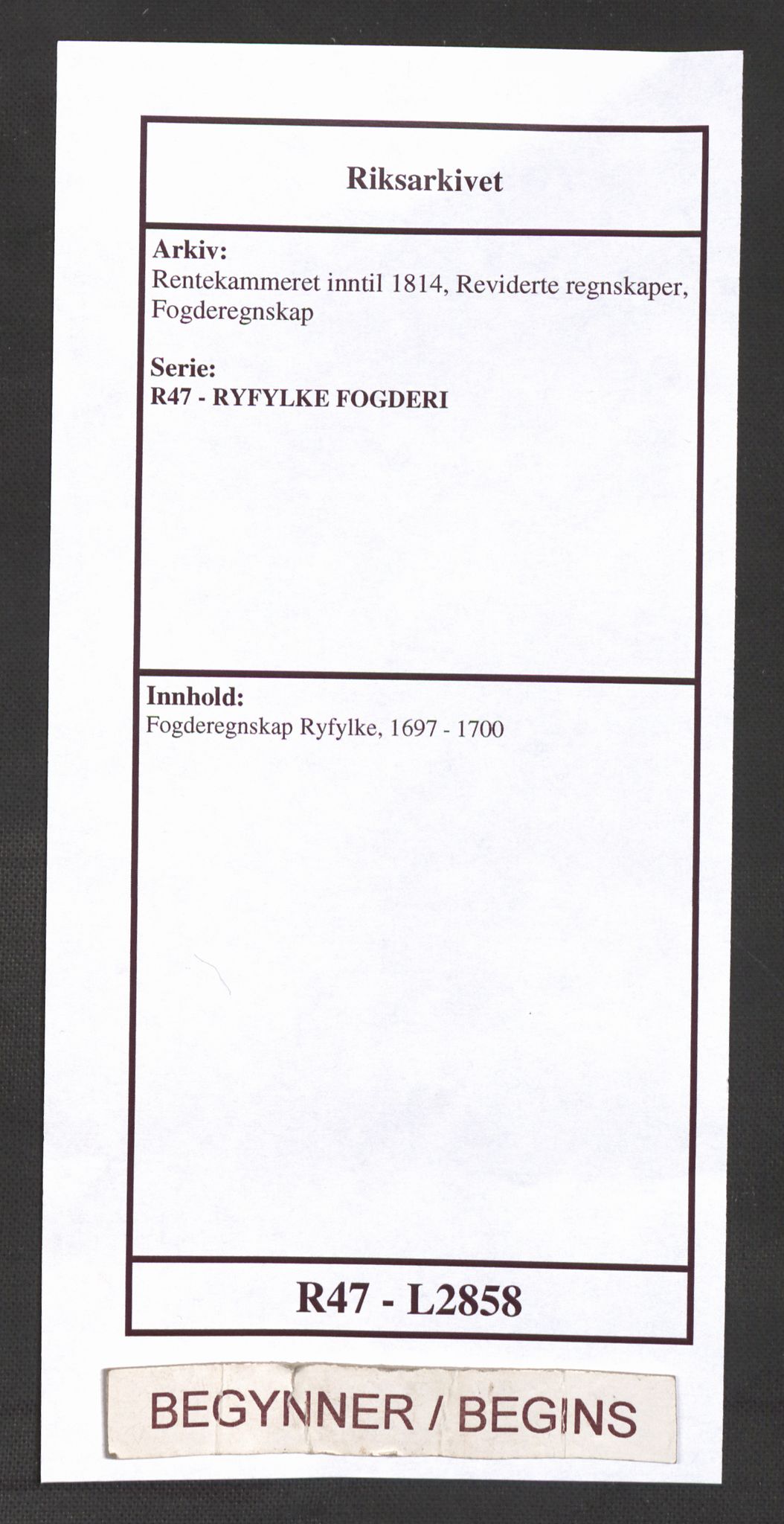 Rentekammeret inntil 1814, Reviderte regnskaper, Fogderegnskap, RA/EA-4092/R47/L2858: Fogderegnskap Ryfylke, 1697-1700, p. 1