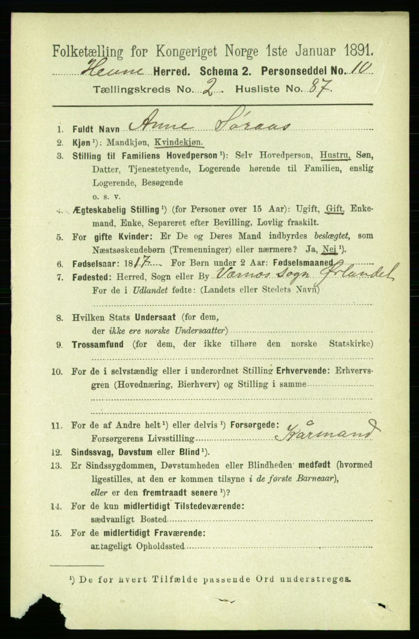 RA, 1891 census for 1612 Hemne, 1891, p. 1311