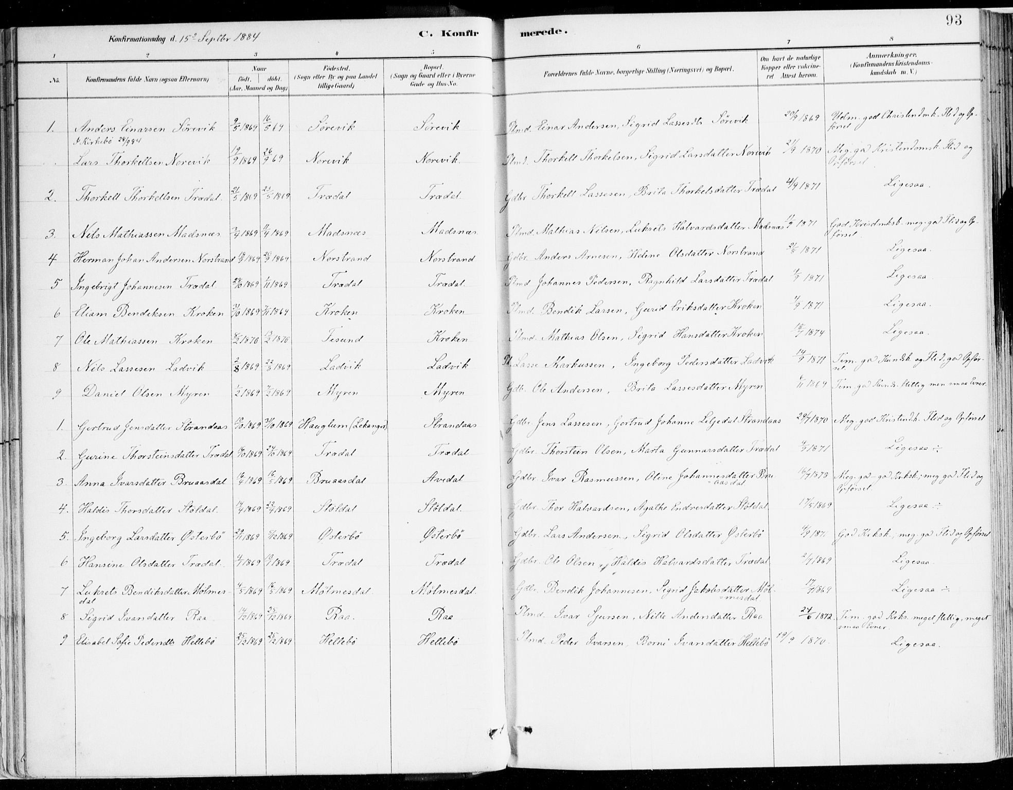 Lavik sokneprestembete, AV/SAB-A-80901: Parish register (official) no. B 1, 1882-1908, p. 93