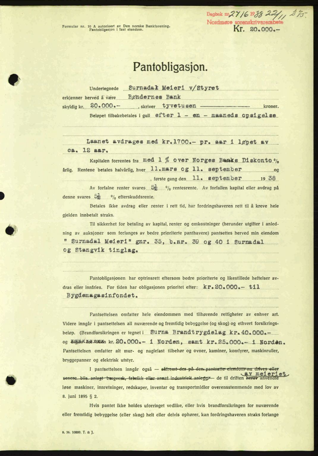 Nordmøre sorenskriveri, SAT/A-4132/1/2/2Ca: Mortgage book no. B84, 1938-1939, Diary no: : 2716/1938